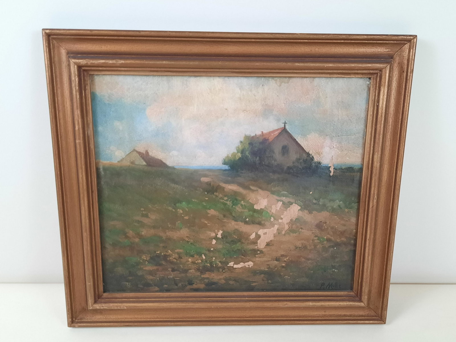 Philip Muhr Oil on Canvas Landscape: Overall with frame 14-1/2" high x 16-1/2" wide. Paint losses. IMPORTANT: Before bidding, please read the terms and conditions. When you registered for the auction you agreed to these terms and will be