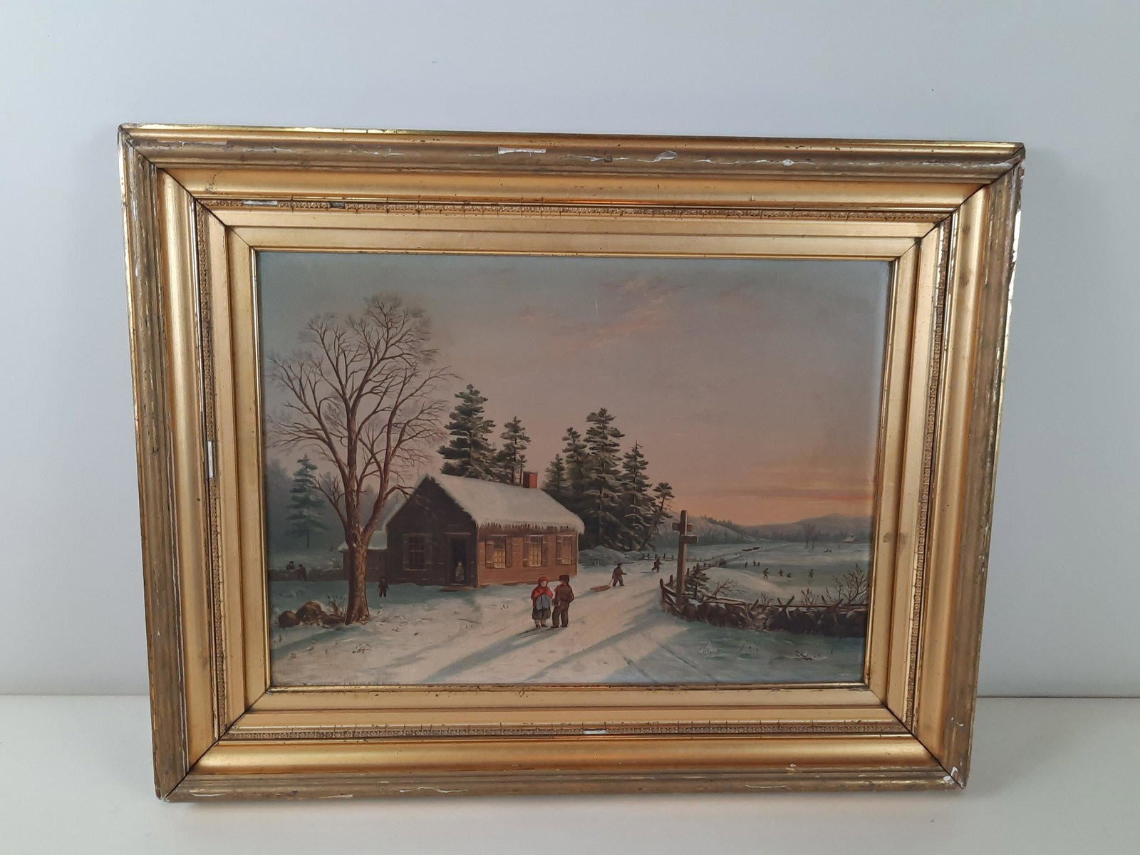 L. Prang & Co Winterscape: Overall with frame 19-1/4" high x 23-3/4" wide. Some frame losses and cranking to print. IMPORTANT: Before bidding, please read the terms and conditions. When you registered for the auction you agreed