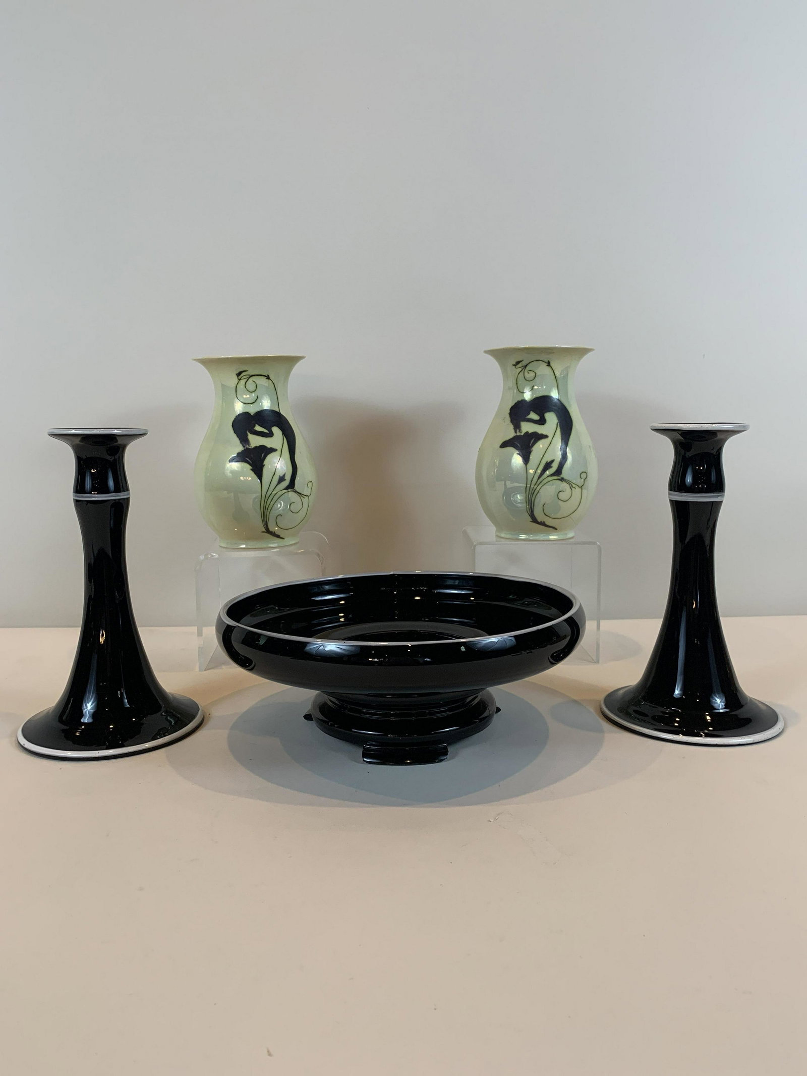 Black Amethyst Center Bowl w/ Candles: Bowl on base 9-1/2" wide. Candles 8" high. Also includes pair hand painted porcelain Bavarian vases, 6" high. IMPORTANT: Before bidding, please read the terms and conditions. When you registered for t