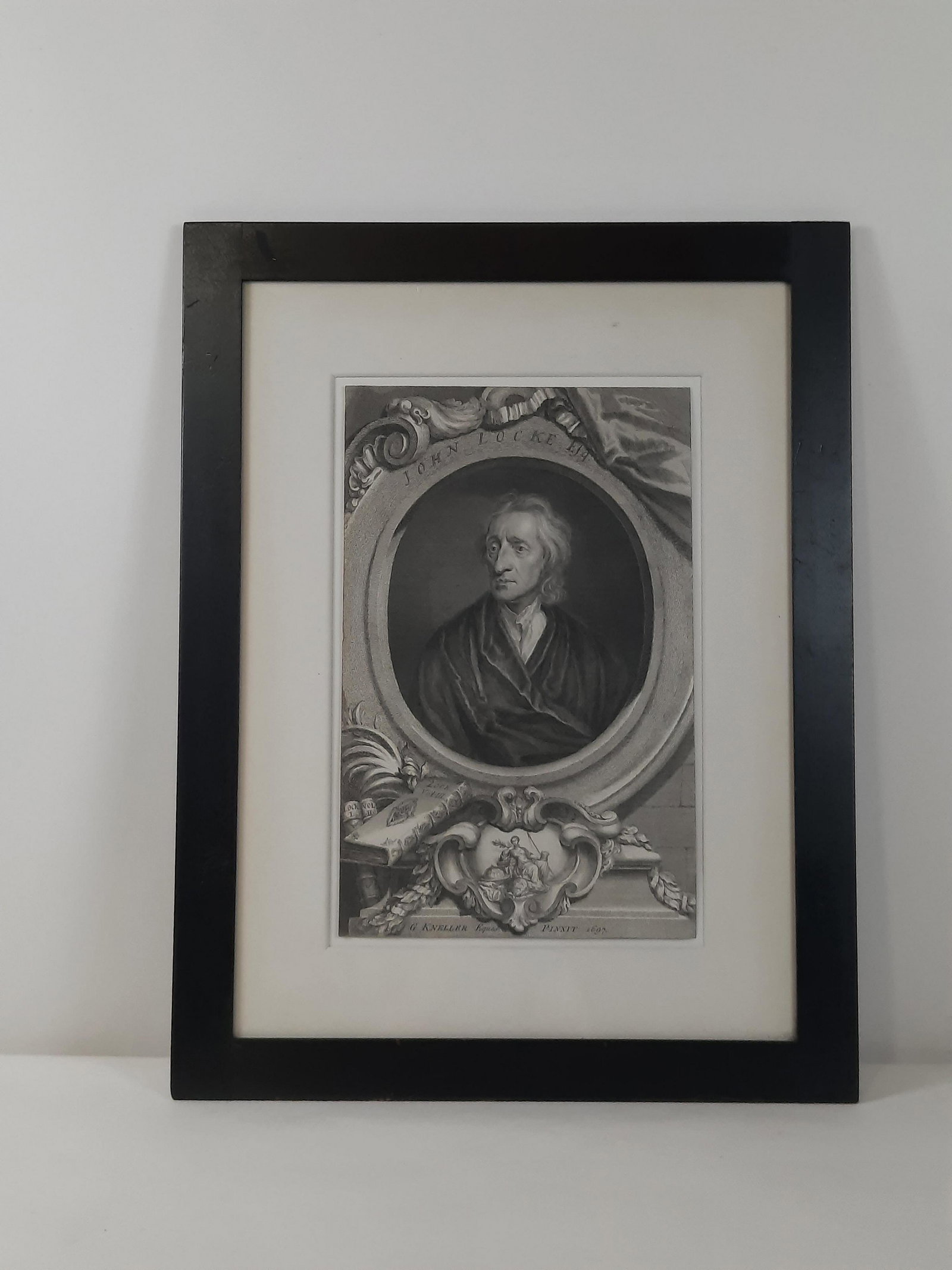 Etching of Portrait of John Locke: Vertue after Kneller. Trimmed. Overall with frame 22" high x 16-3/4" wide. IMPORTANT: Before bidding, please read the terms and conditions. When you registered for the auction you agreed to these term