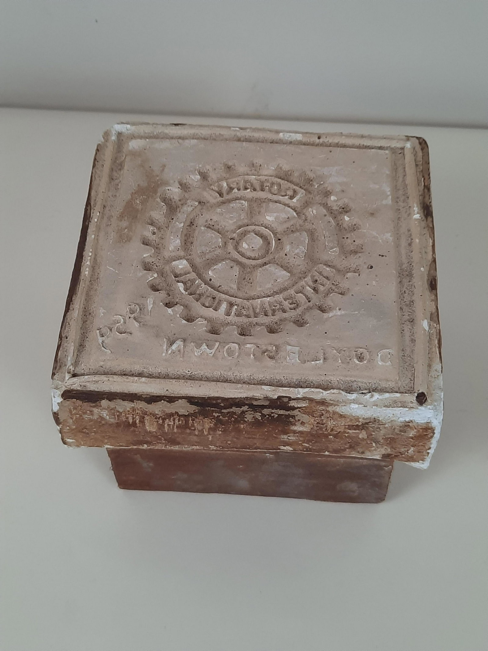 Rotary International Moravian Tile Mold: Doylestown, PA. 4-3/4" wide x 4-3/4" deep x 3-1/2" high. IMPORTANT: Before bidding, please read the terms and conditions. When you registered for the auction you agreed to these terms and will be requ