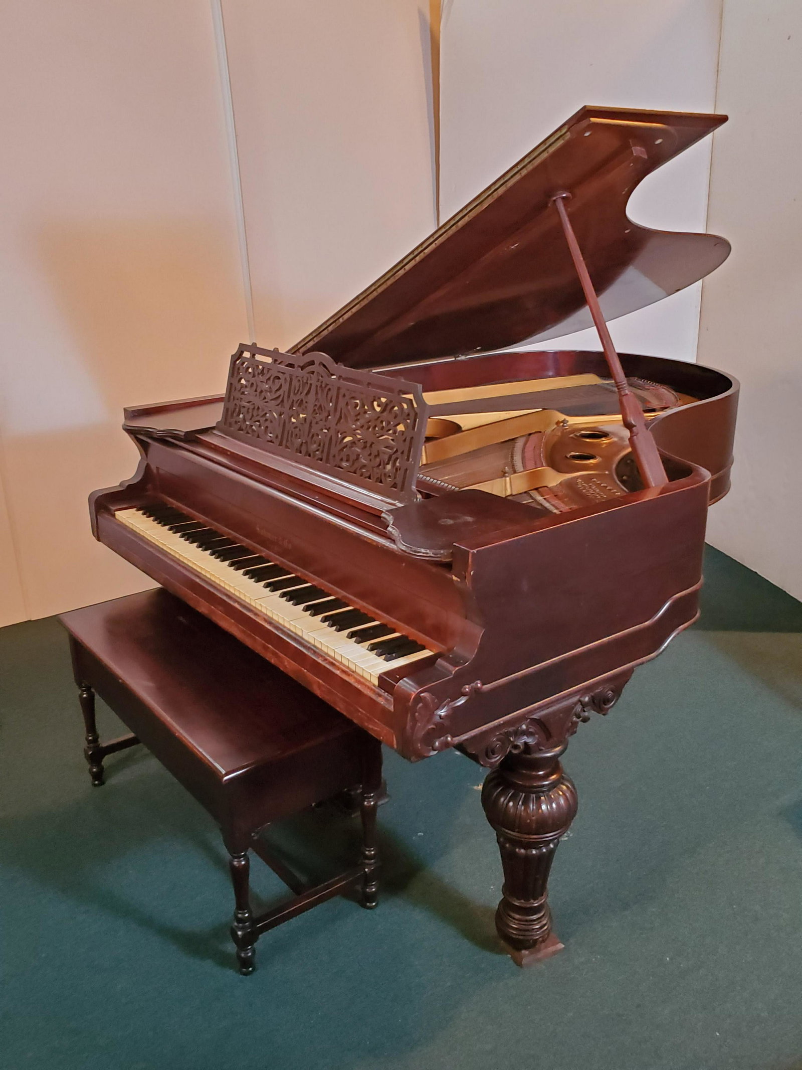 Sohmer & Co Victorian Style Ballroom Grand Piano: Serial number 2075739. 58 1/4" wide X 77" deep X 40" high. Has some veneer and finish loss. IMPORTANT: Before bidding, please read the terms and conditions. When you registered for the auction you agr