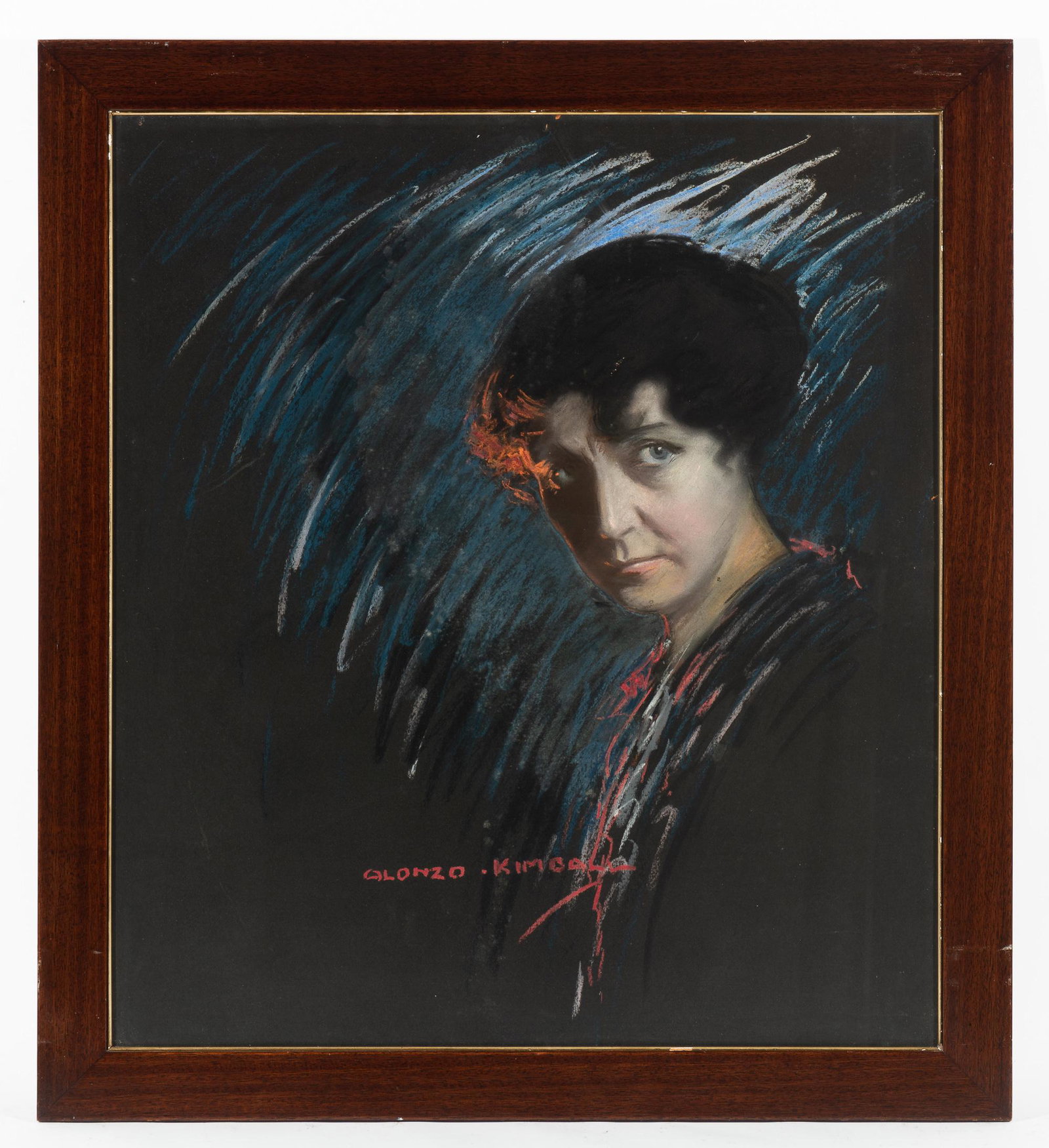 Alonzo Kimball Portrait Pastel: Alonzo Kimball (American, 1874-1923) was a painter and portraitist who completed illustrations for advertisements and portraits for theater. Overall with frame 31-1/4" high x 28-1/4" wide. IMPORTANT: 