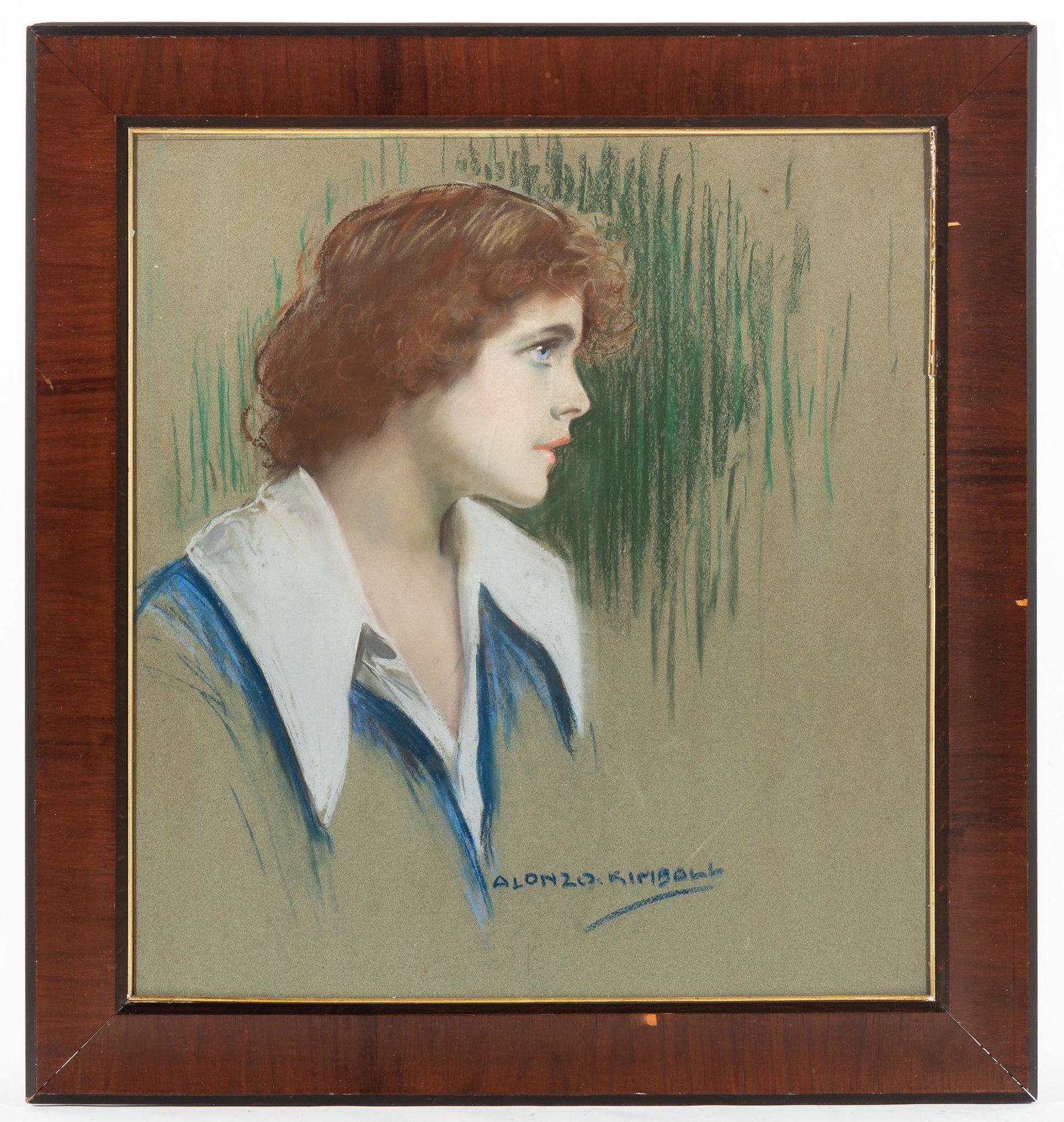 Alonzo Kimball Portrait Pastel: Alonzo Kimball (American, 1874-1923) was a painter and portraitist who completed illustrations for multiple advertisements and portraits for theater. Overall with frame 32-1/2" high x 30-1/2" wide. So