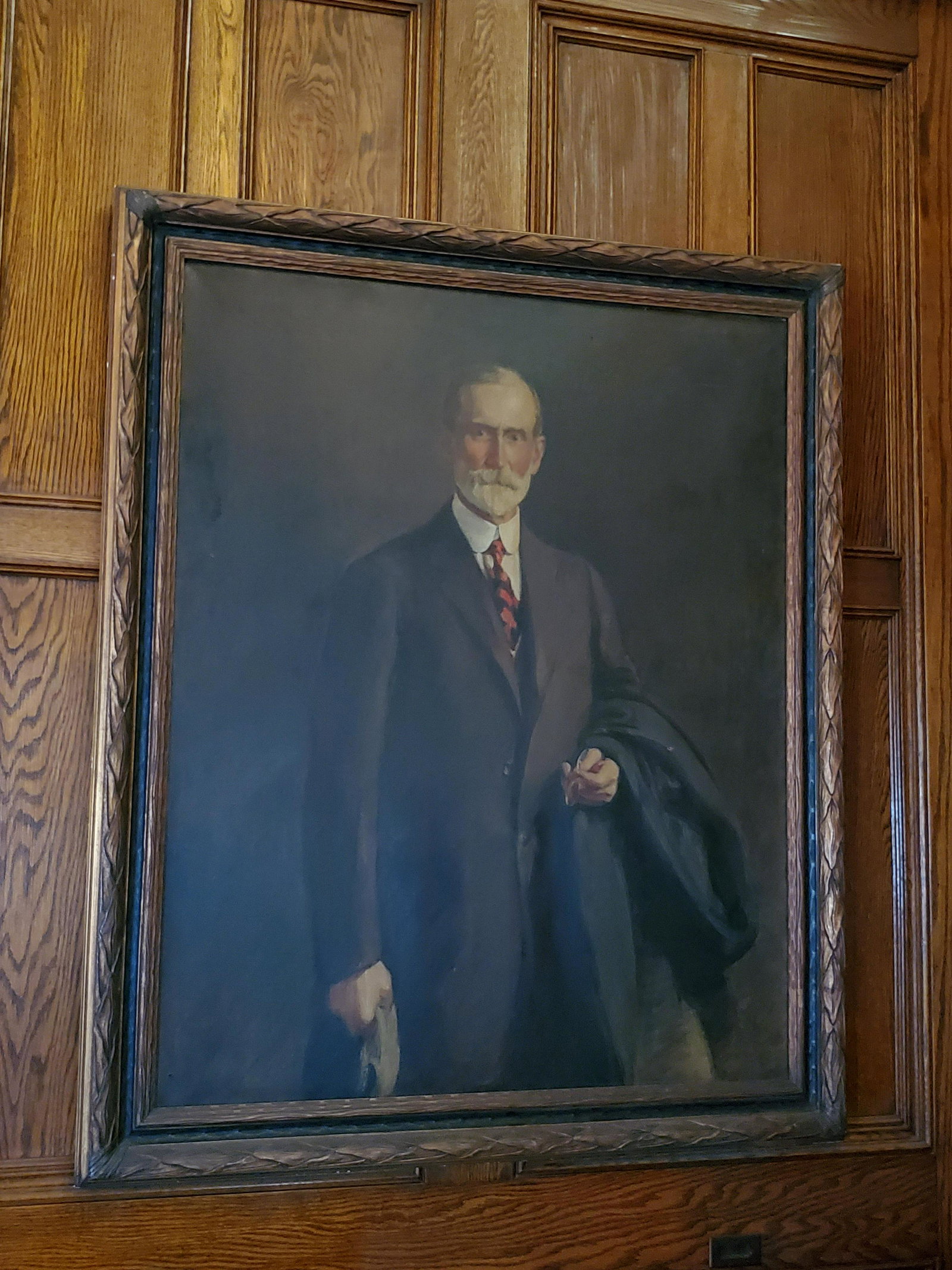 Helen Wellens Oil on Canvas of Wesley M. Olerhele: Portrait of Wesley M. Oler Esq. by Helen Wellens (American, 1879-1924) in 1922. 46 1/2" wide X 56" high. Has small pin hole. Wesley Oler was President of American Ice Company in the Village of Larchmo