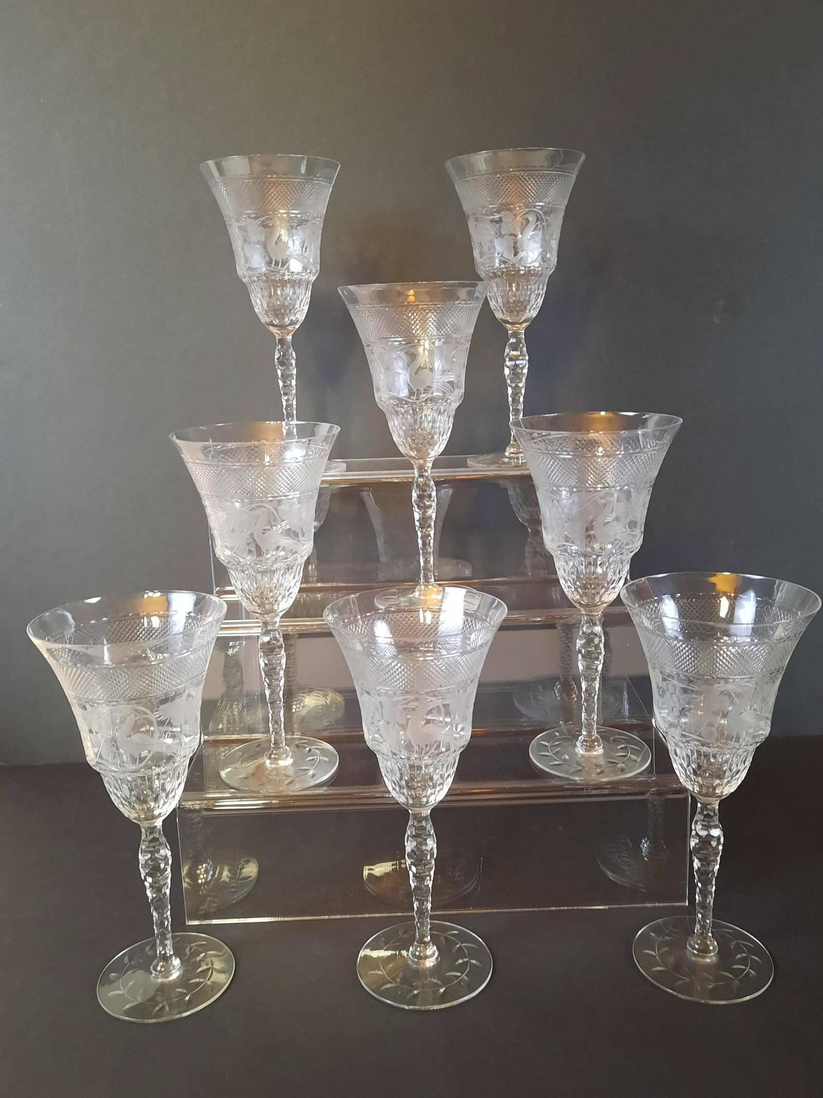 8 Bird and Grape Etched Wine Glasses: Each 4" diameter x 8-1/4" high. IMPORTANT: Before bidding, please read the terms and conditions. When you registered for the auction you agreed to these terms and will be required to comply with them.