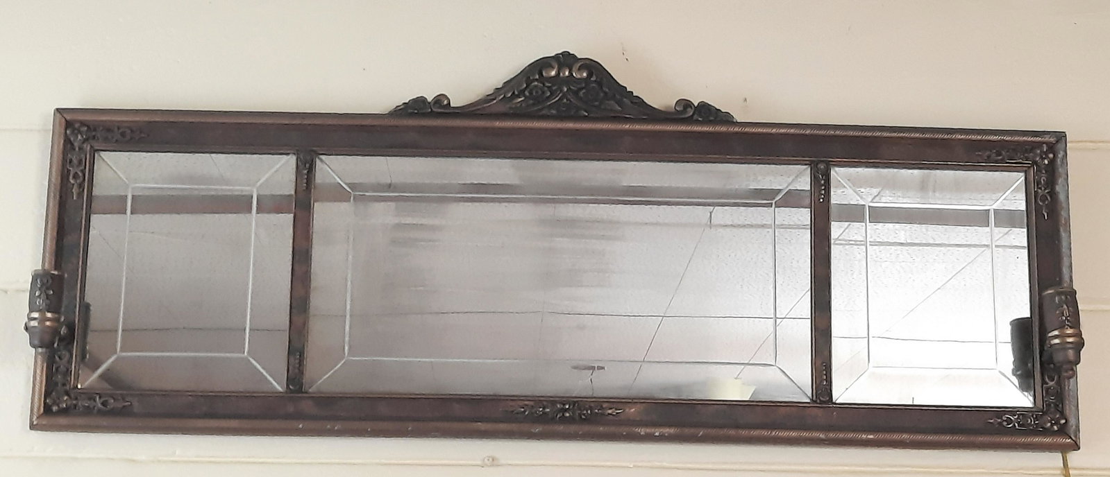 Antique 2 Light Mirror: 19-1/2" high x 49" wide. IMPORTANT: Before bidding, please read the terms and conditions. When you registered for the auction you agreed to these terms and will be required to comply with them.