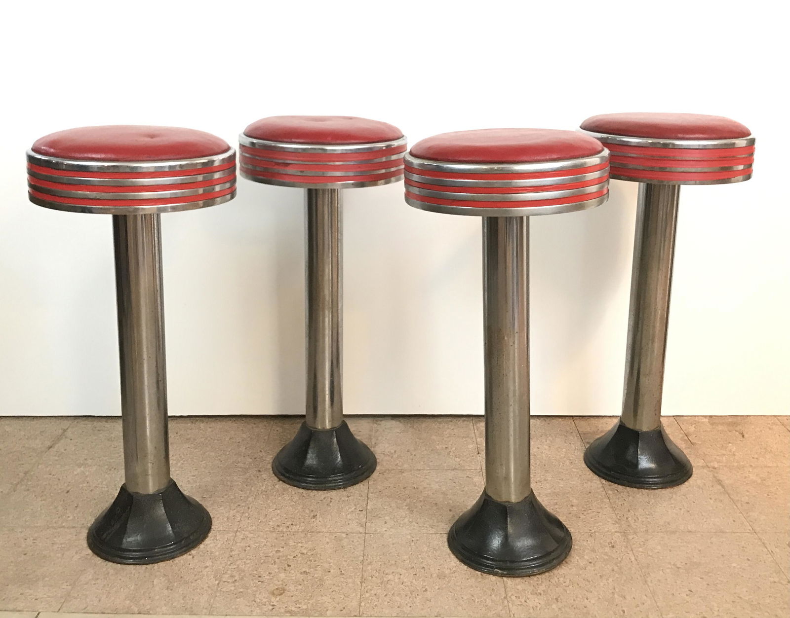 4 Red Vinyl and Chrome Counter Stools (1 of 4)