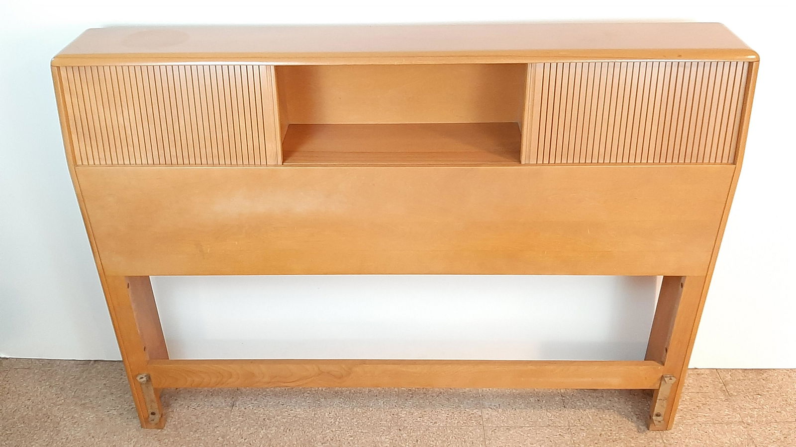 Heywood Wakefield Headboard with Bookcase: 55" wide X 9" deep X 40" high. IMPORTANT: Before bidding, please read the terms and conditions. When you registered for the auction you agreed to these terms and will be required to comply with them.