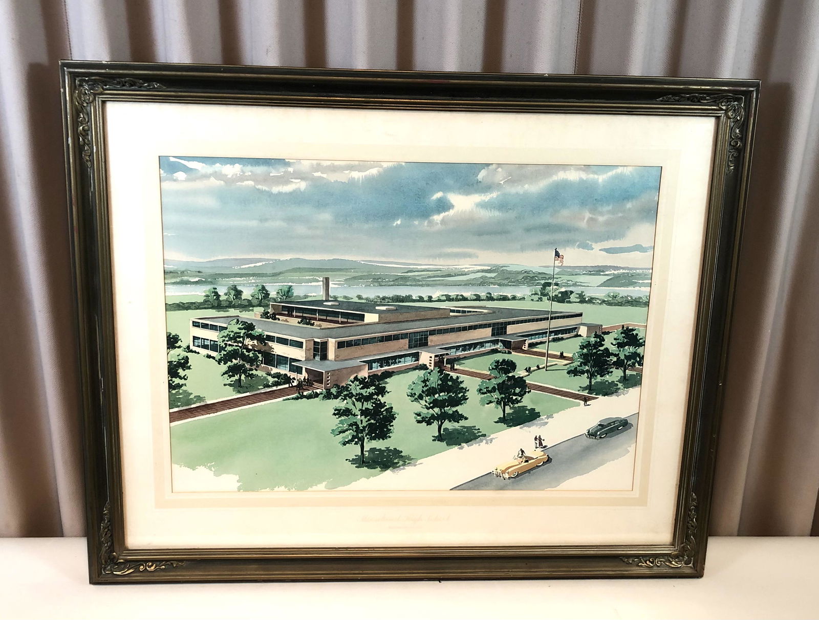 Mooseheart High School Architecture Rendering: Ink pen and watercolor on paper. Overall with frame 31" high x 38" wide. IMPORTANT: Before bidding, please read the terms and conditions. When you registered for the auction you agreed to these terms