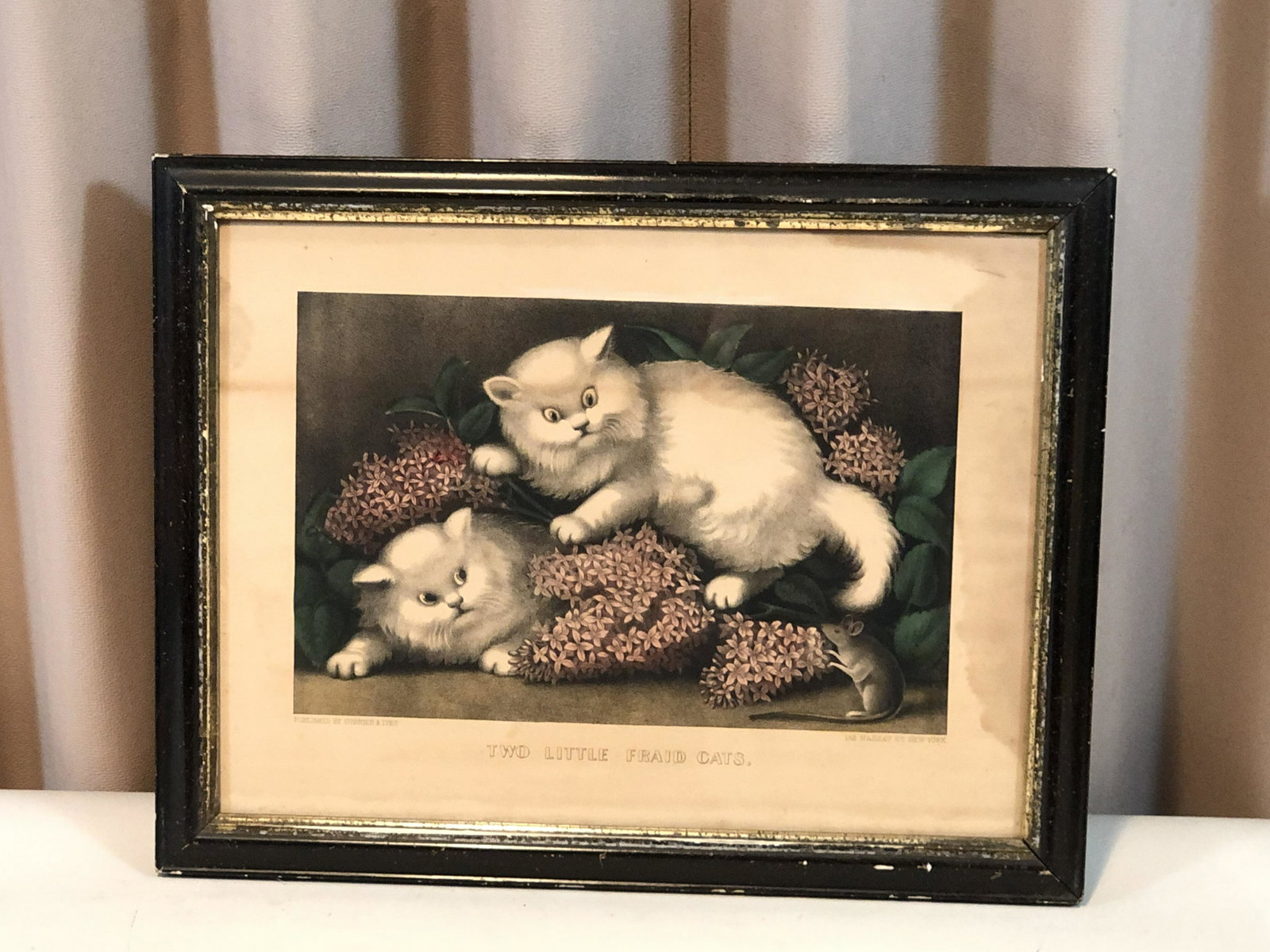 Currier & Ives Cat Print: "Two Little Fraid Cats." Overall with frame 14" high x 18" wide. IMPORTANT: Before bidding, please read the terms and conditions. When you registered for the auction you agreed to these terms and will