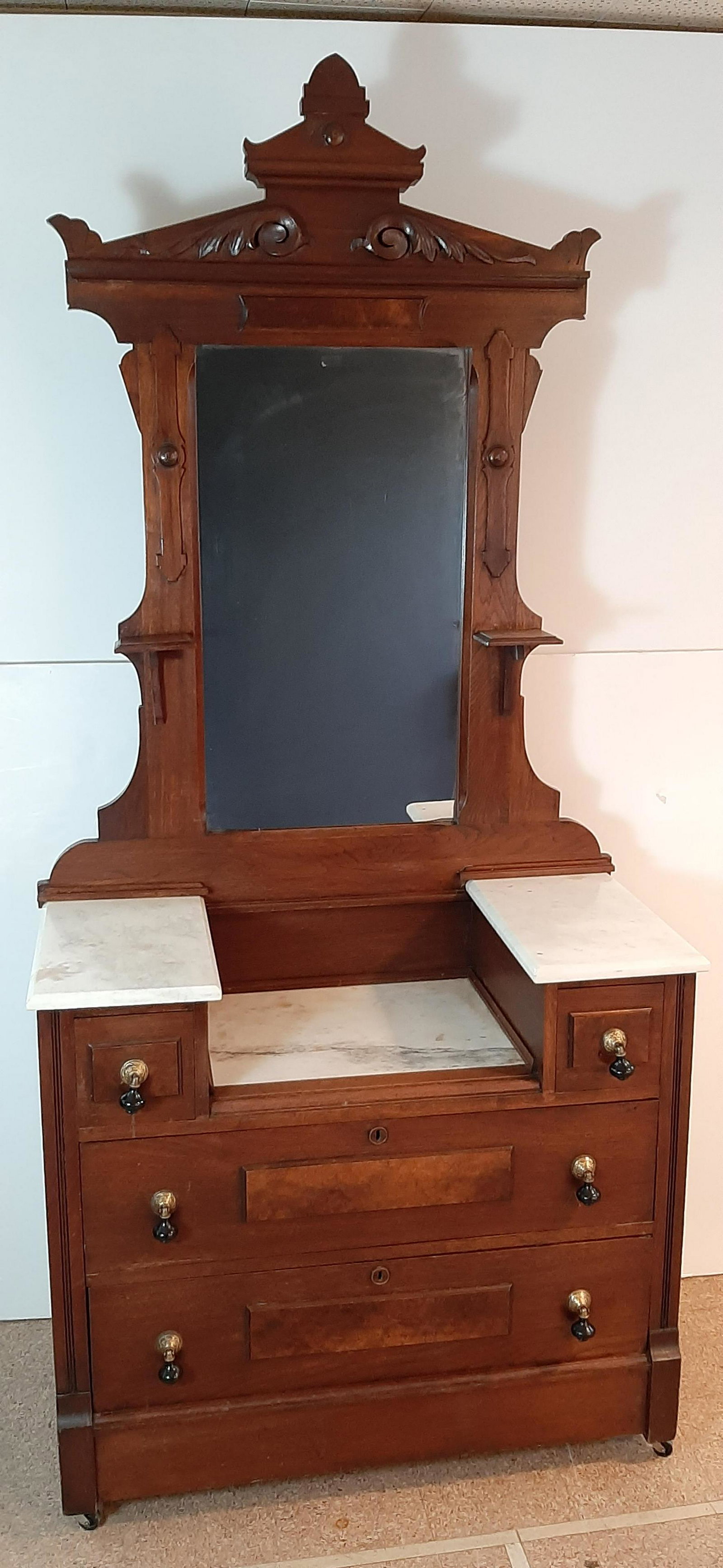 Victorian Marble Top Dresser with Mirror: 39" wide X 19" deep X 85" high. IMPORTANT: Before bidding, please read the terms and conditions. When you registered for the auction you agreed to these terms and will be required to comply with them.