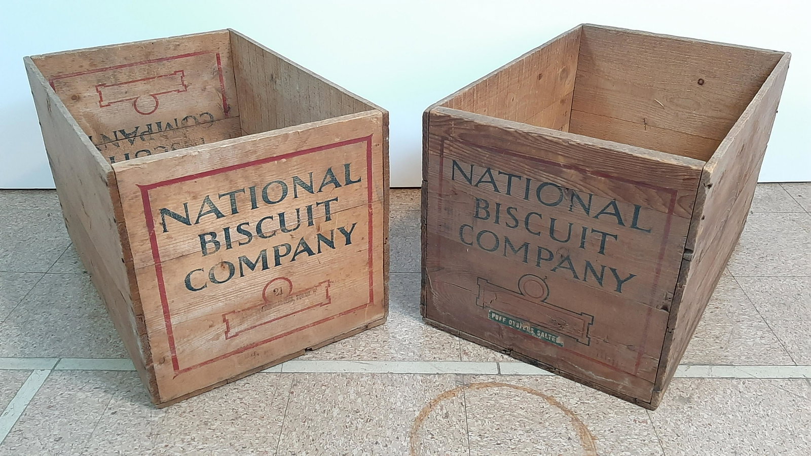 Pr National Biscuit Company Wood Crates: 14" wide X 21-1/2" deep X 13" high. IMPORTANT: Before bidding, please read the terms and conditions. When you registered for the auction you agreed to these terms and will be required to comply with t