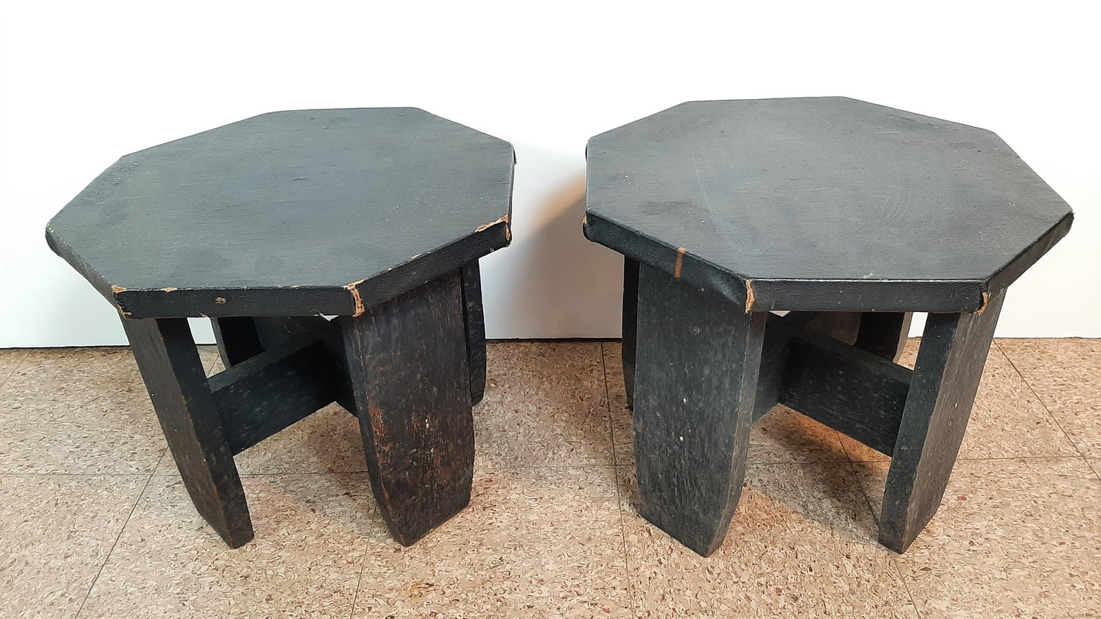 Pr Covered Mission Stool Tables: 14" wide X 11-3/4" high. IMPORTANT: Before bidding, please read the terms and conditions. When you registered for the auction you agreed to these terms and will be required to comply with them.