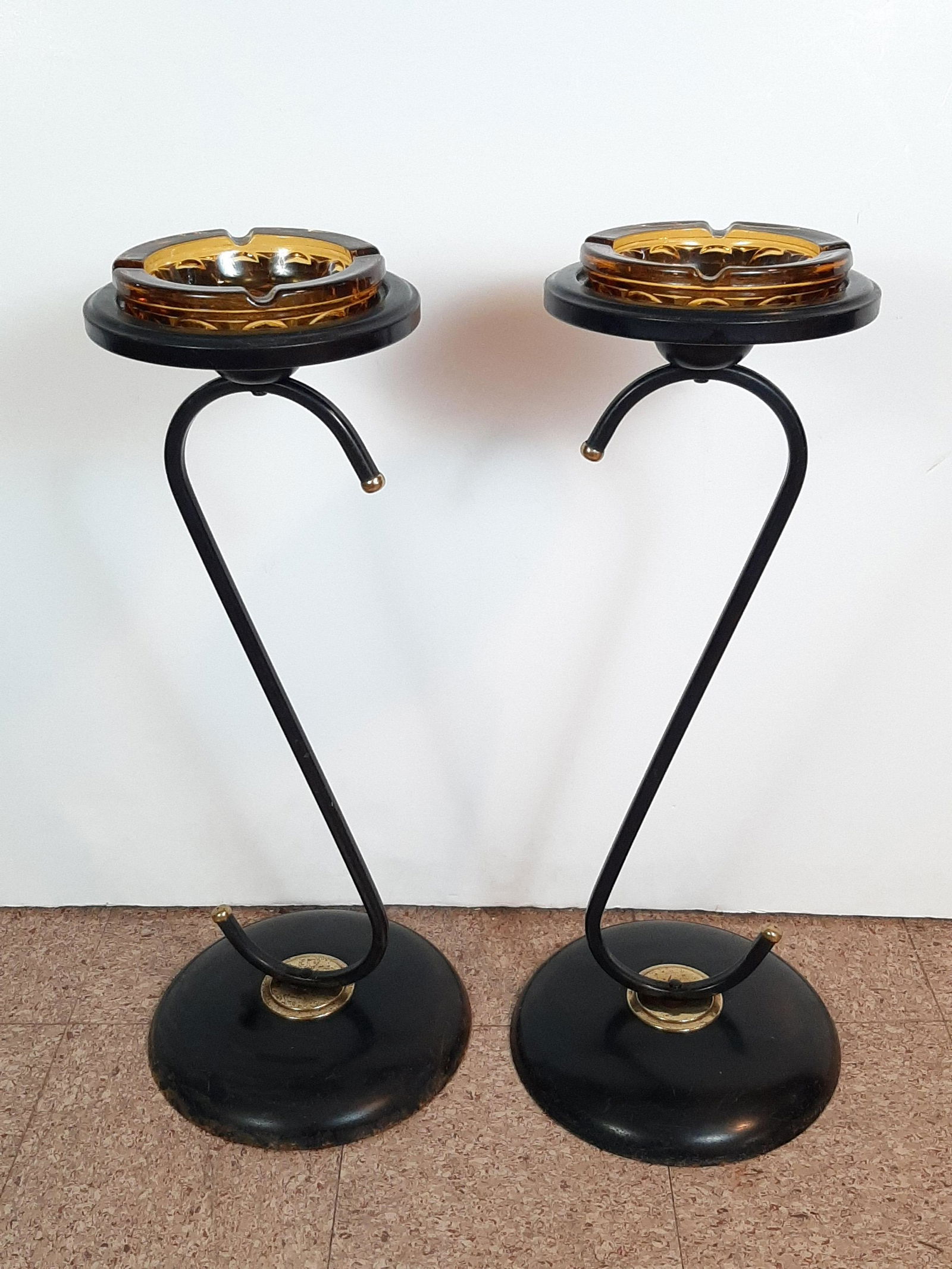 Pr Metal Amber Glass Floor Ashtrays (1 of 1)