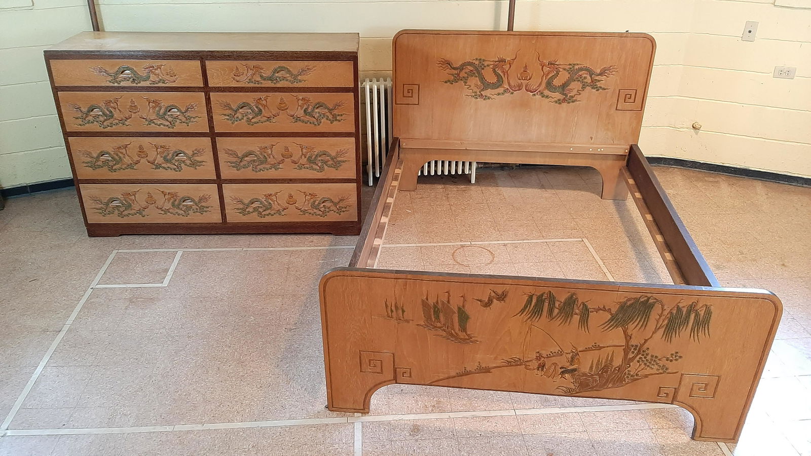 Wood Carved Asian Bed and Dresser (1 of 1)