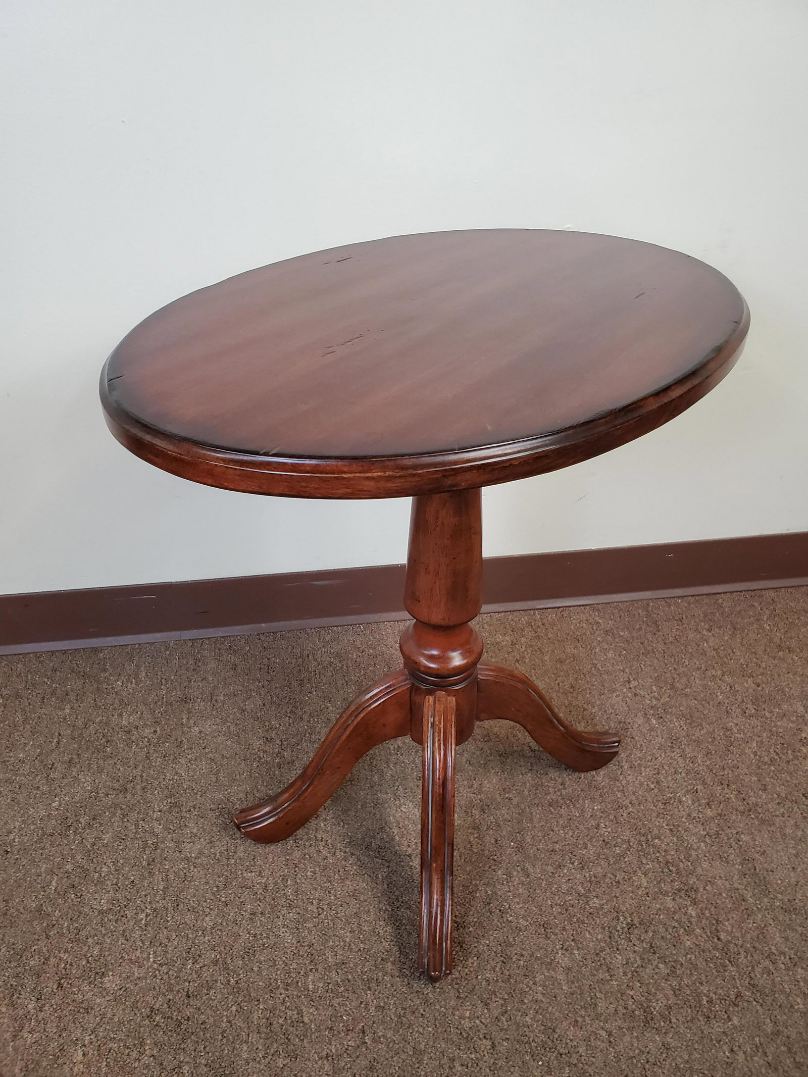 Oval Side Table: 24" wide X 17" deep X 24" high. IMPORTANT: Before bidding, please read the terms and conditions. When you registered for the auction you agreed to these terms and will be required to comply with them.