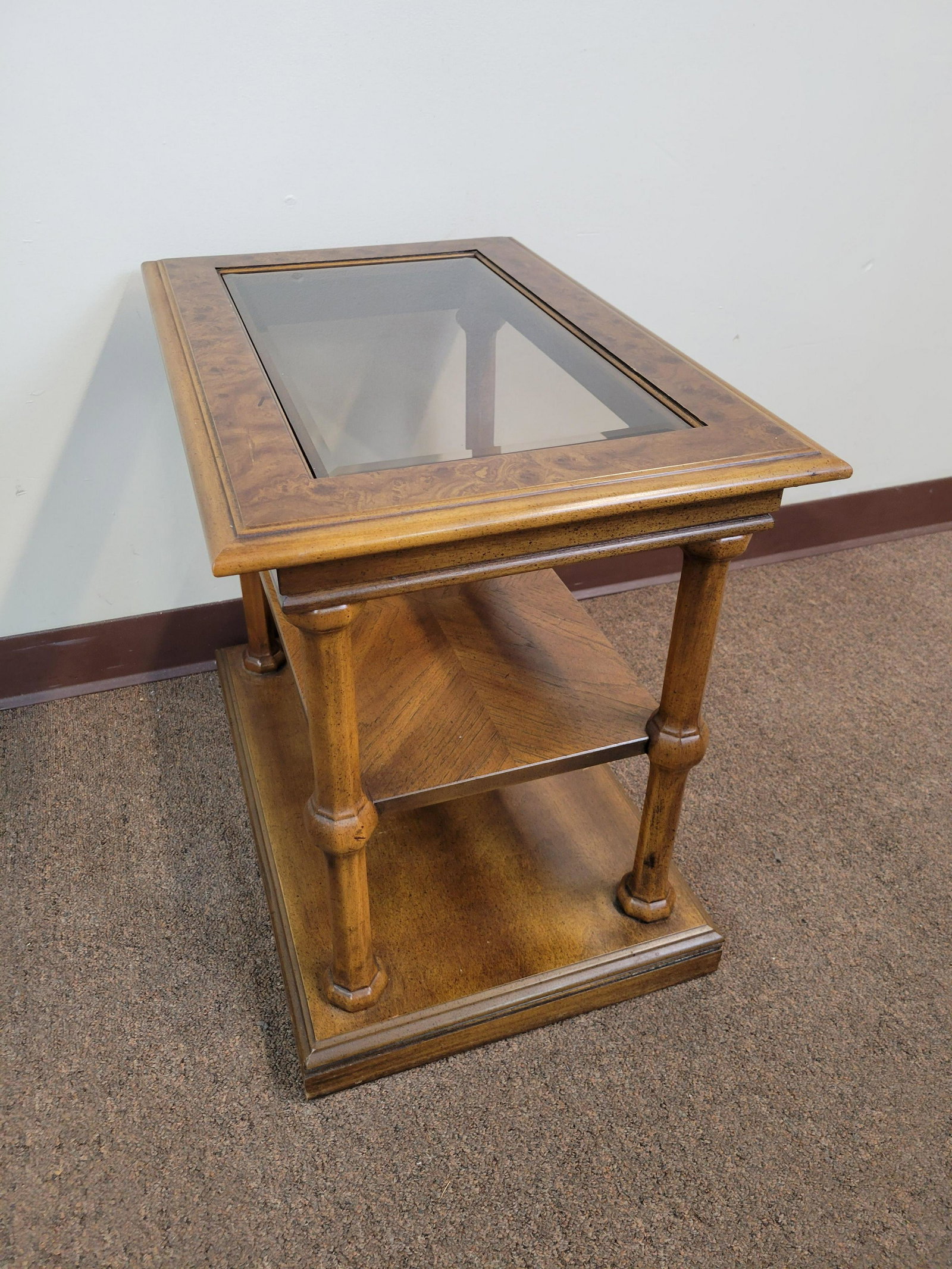 Glass Top Side Table: 24" wide X 16" deep X 21 3/4" high. IMPORTANT: Before bidding, please read the terms and conditions. When you registered for the auction you agreed to these terms and will be required to comply with t