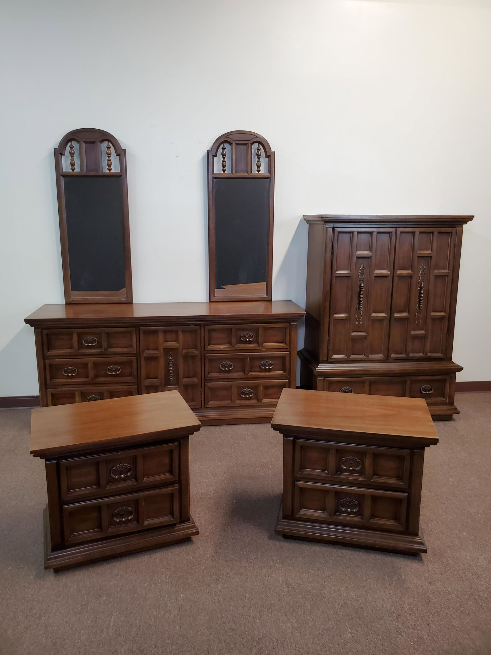 4 Pc Dixie Bedroom Set: Dresser with 2 mirrors 72 3/4" wide X 19" deep X 79 3/4" high. Tall chest 42 1/4 wide X 20 1/4" deep X 57 1/2" high. Night stands 27" wide X 17" deep X 23" high. IMPORTANT: Before bidding, please read