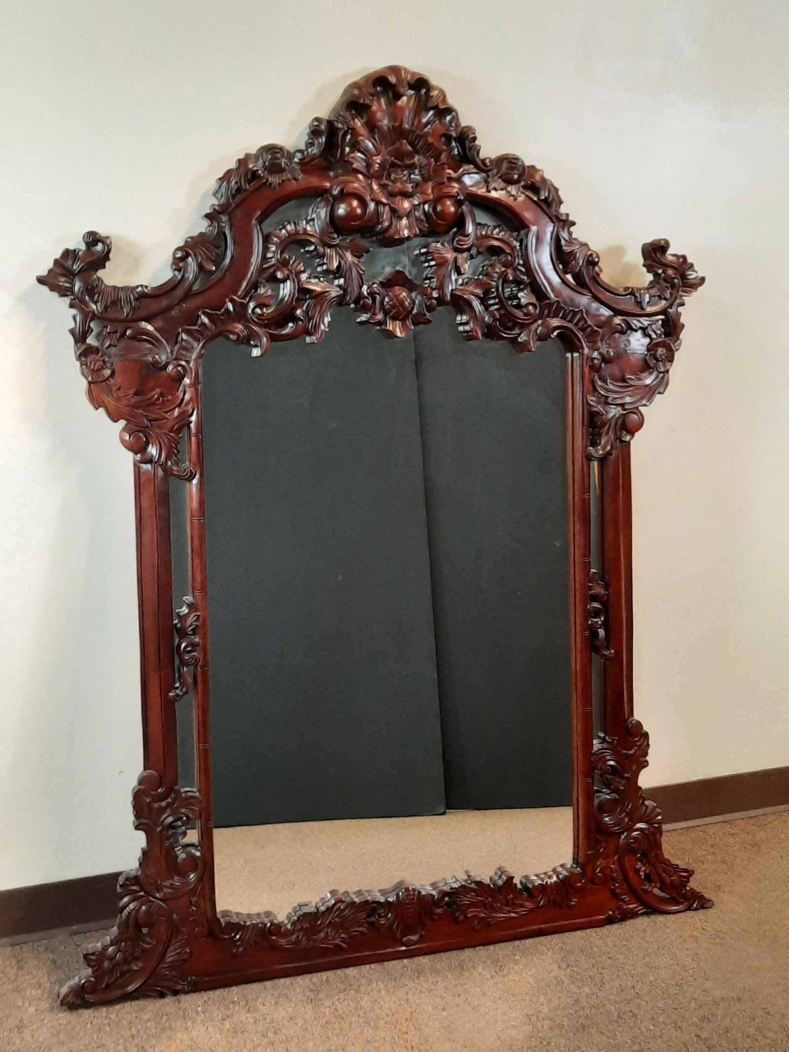 Oversized Antique Style Mirror: Overall with frame 57-1/2" high x 44" wide. Repair to top left frame at 2 spots. IMPORTANT: Before bidding, please read the terms and conditions. When you registered for the auction you agreed to thes
