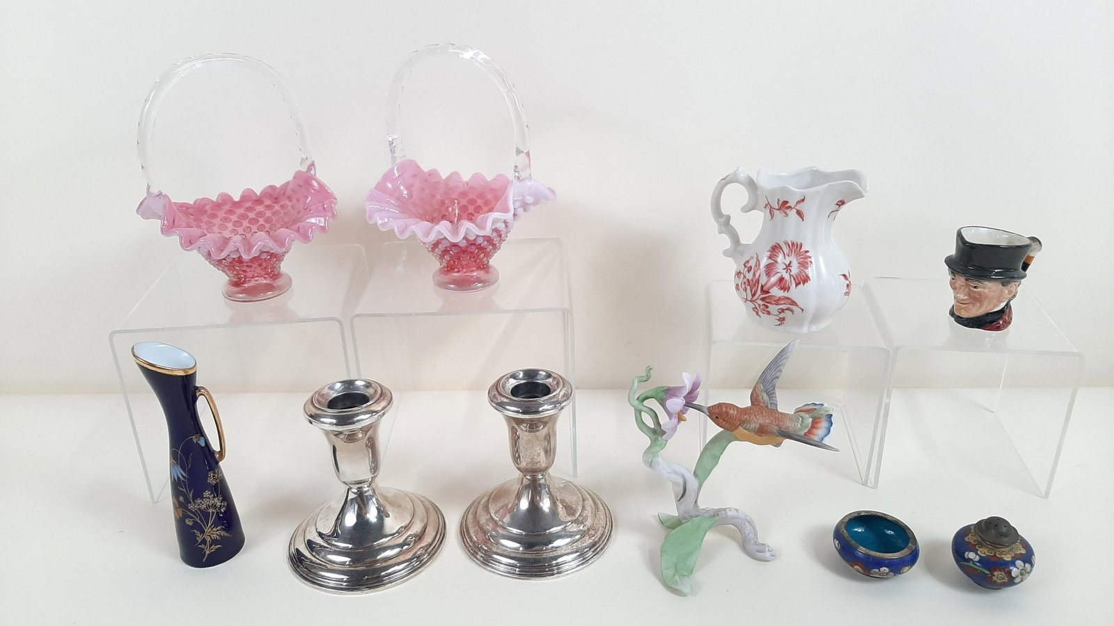 10 Pcs incl. Weighted Sterling Candle Holders: Also includes KPM porcelain bud vase, Royal Doulton creamer, and Kaiser Bochmann bisque hummingbird. 1" to 6" high. IMPORTANT: Before bidding, please read the terms and conditions. When you registered