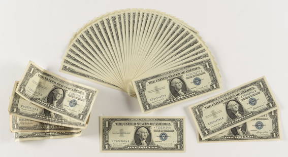 35 Uncirculated 1957A $1 Silver Certificates: Includes one star note and 25 consecutive N22474376A, N2247440A and six more. IMPORTANT: Before bidding, please read the terms and conditions. When you registered for the auction you agreed to these t