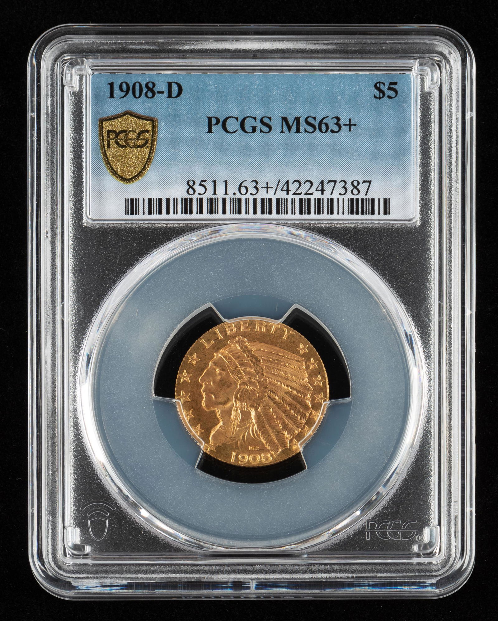 1908-D Gold $5 Indian Head Coin PCGS MS63+ (1 of 2)