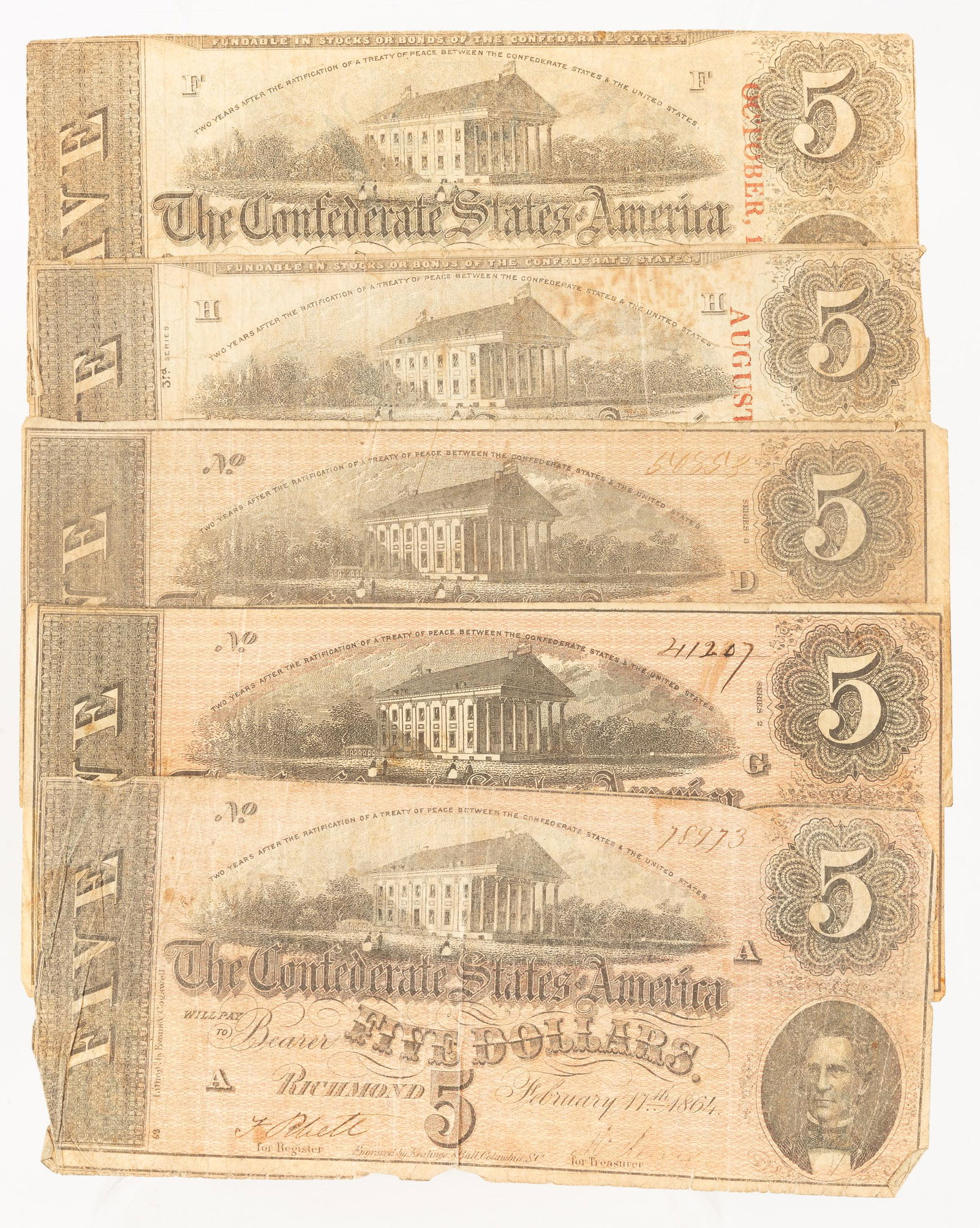 5 Confederate States of America $5 Currency Notes (1 of 5)