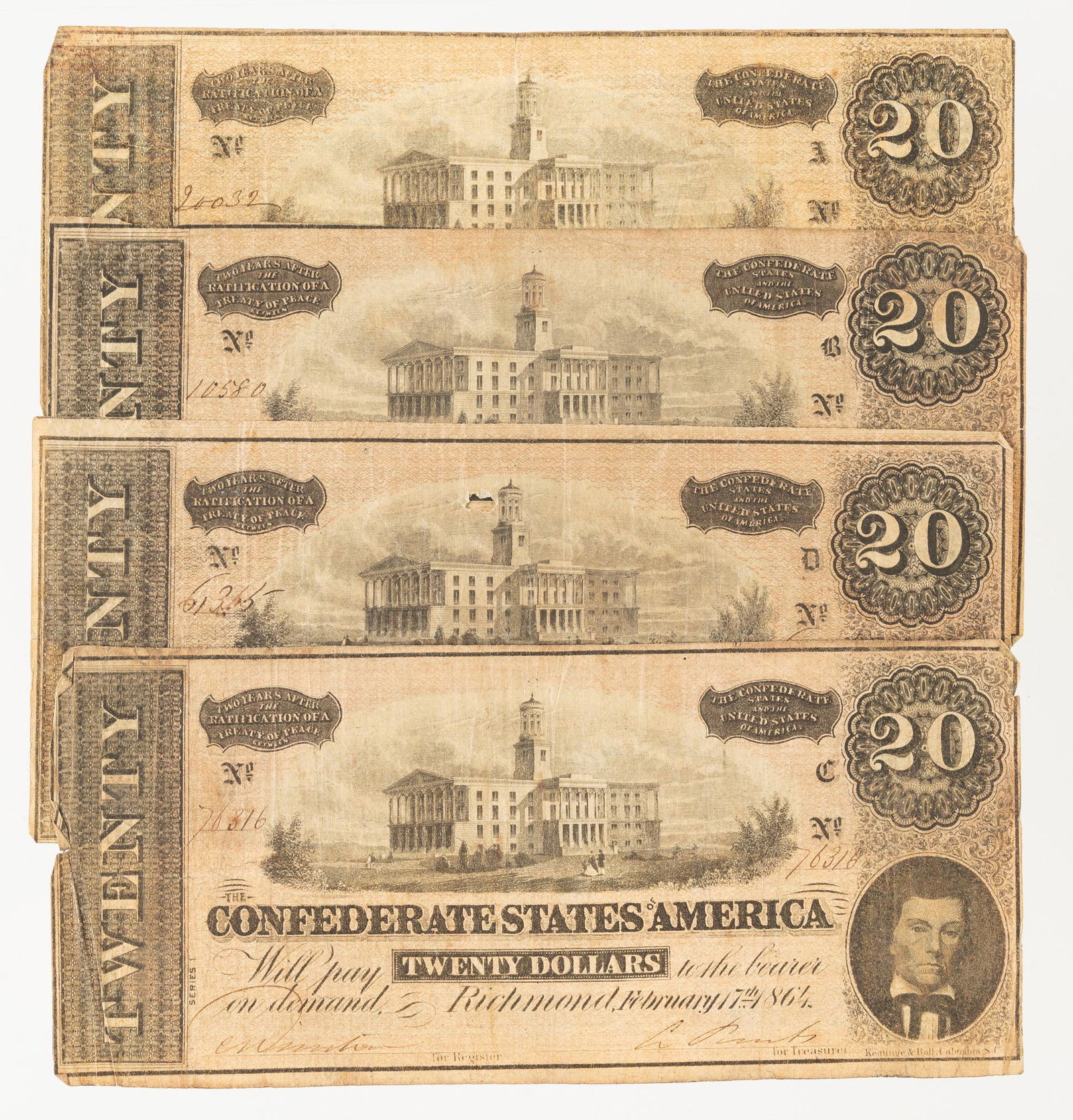 4 Confederate States of American $20 Notes (1 of 5)
