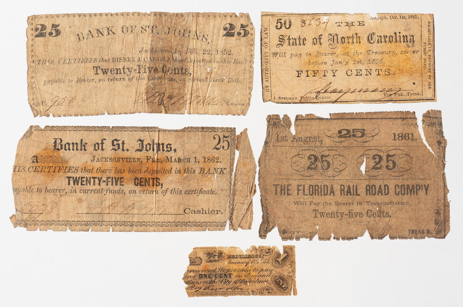 5 Pcs Confederate & Obsolete Currency Notes (1 of 2)
