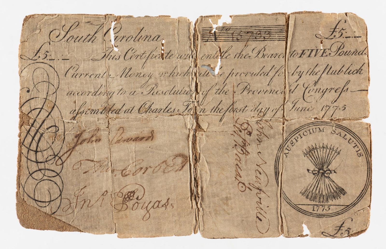 June 1, 1775 5 Pound SC Colonial Currency Note (1 of 2)