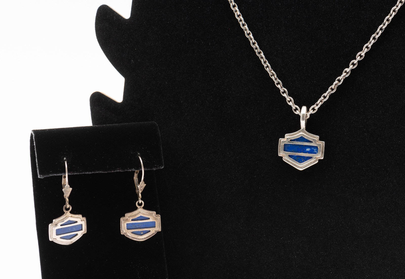 Sterling & Lapis Harley Davidson Jewelry: Necklace 18" long. Earrings 1" long. IMPORTANT: Before bidding, please read the terms and conditions. When you registered for the auction you agreed to these terms and will be required to comply with 