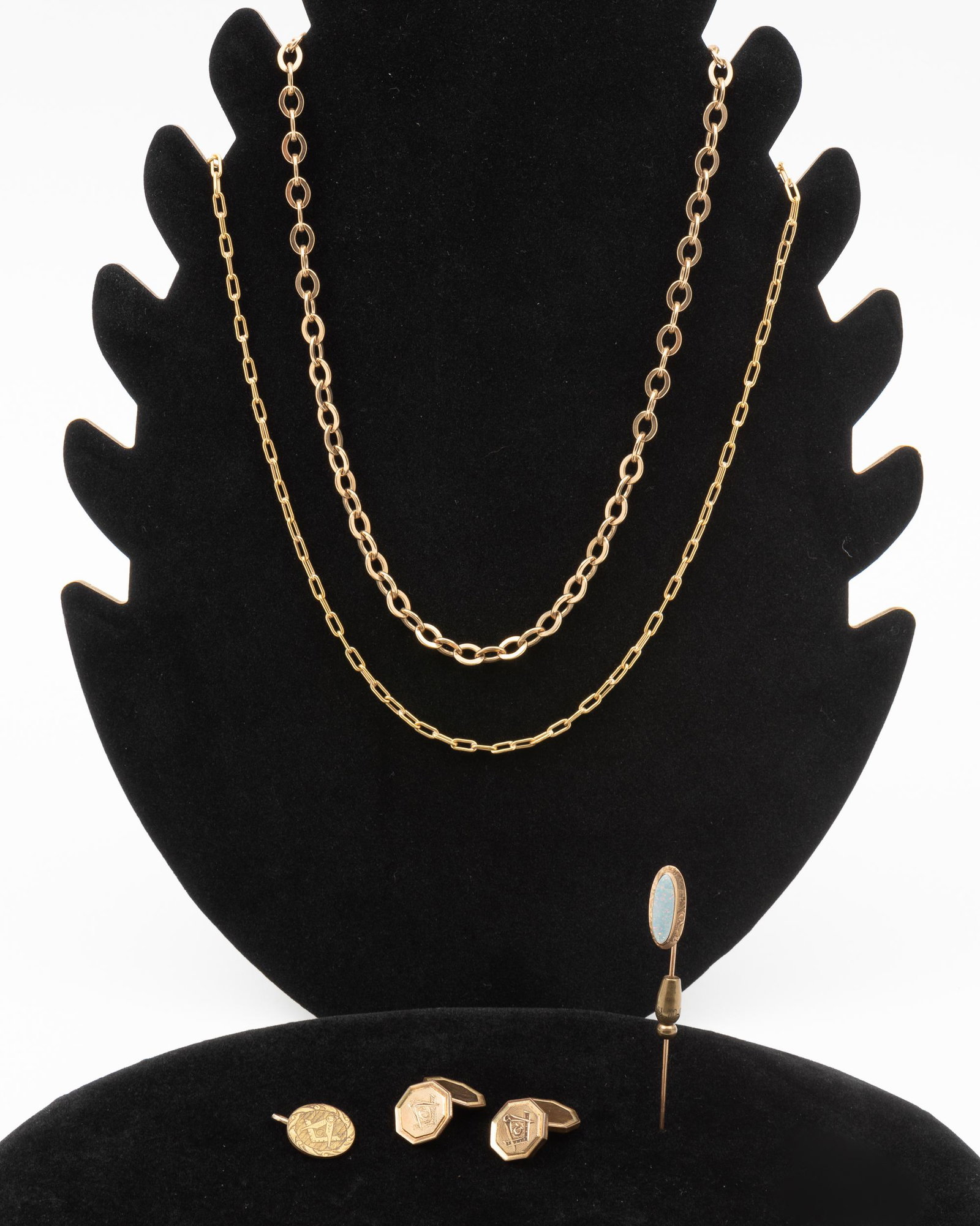 5 pcs Vintage Gold Filled Jewelry: Chains 16" and 17" Opal pin 1-1/4" long, cufflinks 1/2" diameter, Masonic shirt stud 1/2" diameter. IMPORTANT: Before bidding, please read the terms and conditions. When you registered for the auction