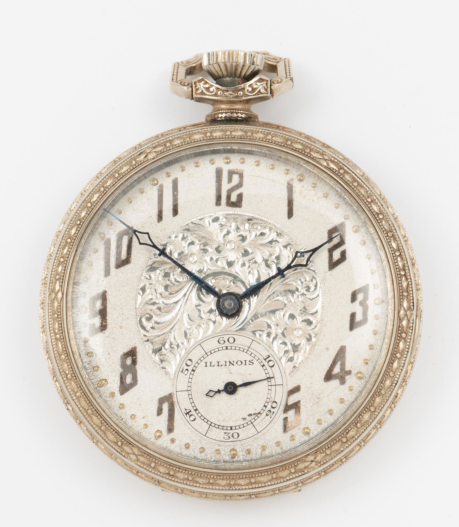 Illinois 21J Open Face Art Deco Pocket Watch: Size 8. Works number 4340517. Engraved dial with goldplate Arabic numerals and subsidiary second hand. In monogrammed gold plated Keystone case. Engraved to interior of back cover "From Father & Mothe