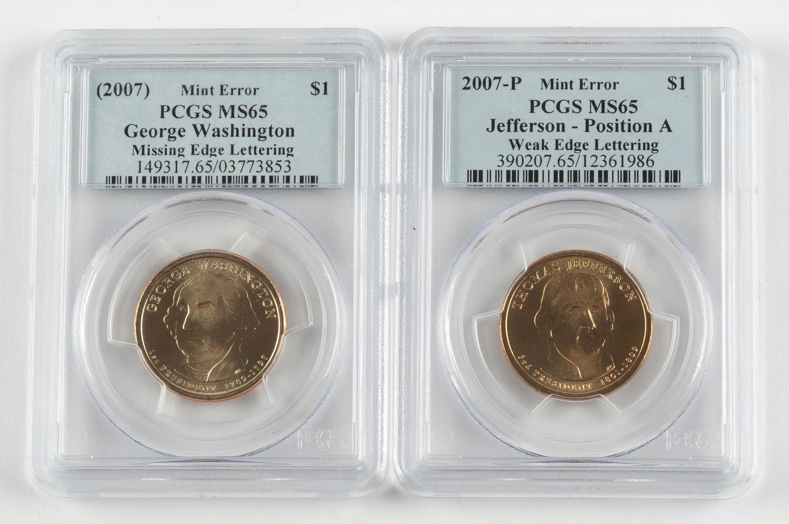 2 2007 Mint Error Presidential Dollars PCGS MS65 (1 of 2)