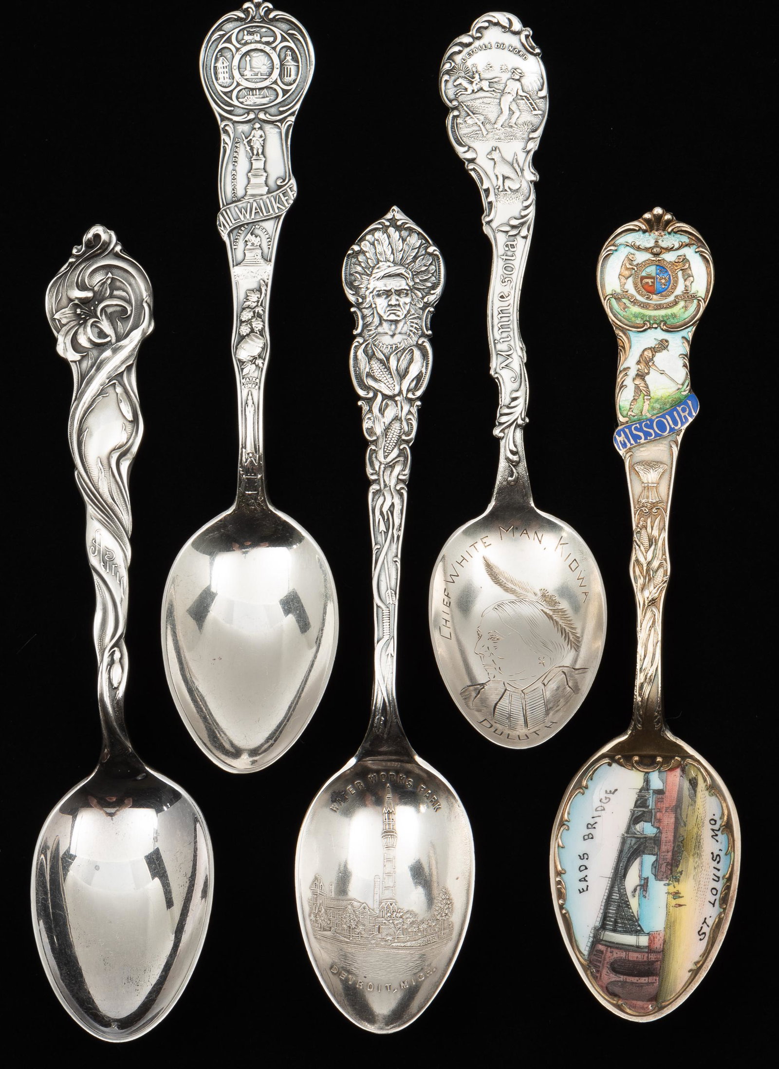 5 Sterling Souvenir Teaspoons: Includes Detroit, Michigan, Chief White Man, Kiowa, April by George W. Shiebler & Co, designed by Victor Freisinger, Milwaukee by Mechanics Sterling Co. and Eads Bridge, St. Louis, Missouri by Mechani