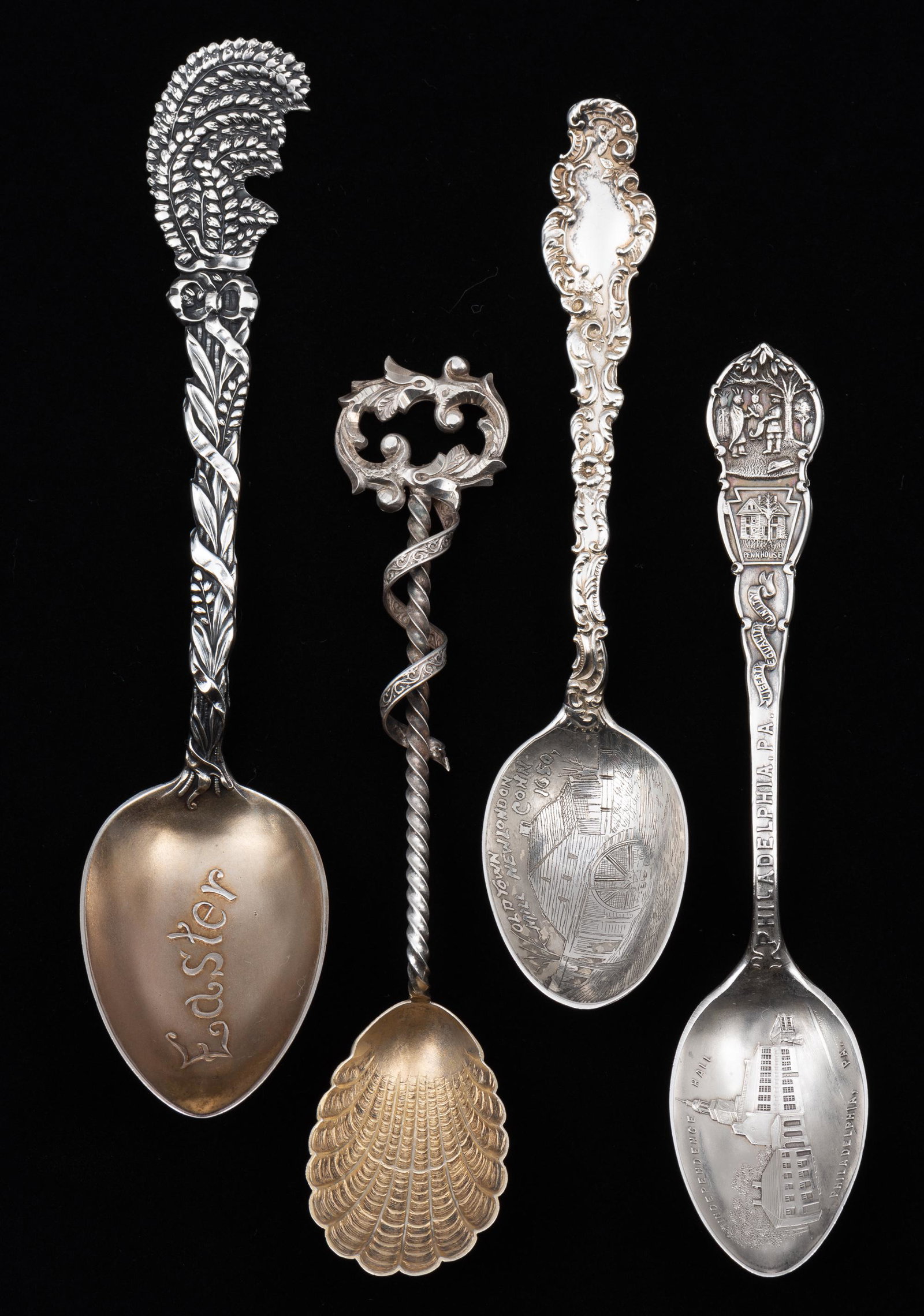4 Sterling Demitass Sourvenir Spoons: Includes shell spoon, Old Town Mill, New London Connecticut, Independence Hall, Philadelphia, PA, and Easter spoon. 4-1/4' to 5" long. 1.4 ozt. IMPORTANT: Before bidding, please read the terms and con
