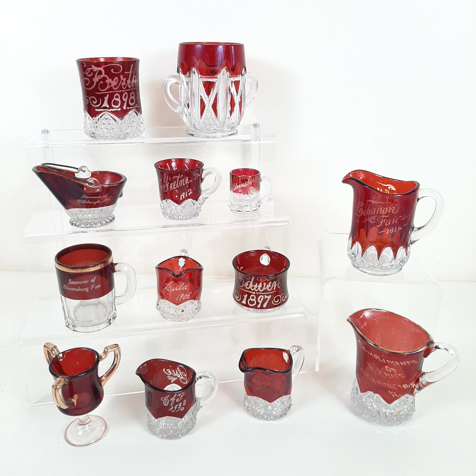 13 Souvenir Glasses incl. Lebanon Fair (1897-1973): Also includes Bloomsburg Fair, Mt. Gretna, PA, Pittsburgh, PA, Tower City, PA, and Ryan's Mechanicsburg. IMPORTANT: Before bidding, please read the terms and conditions. When you registered for the au