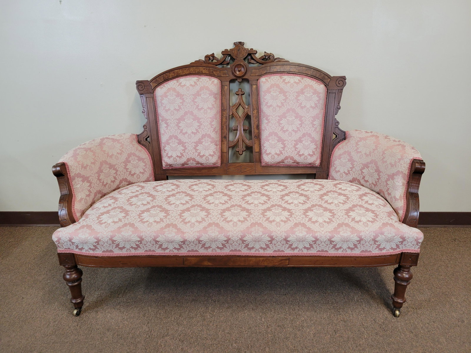 Victorian Settee: 64" wide X 34 1/2" deep X 42" high. IMPORTANT: Before bidding, please read the terms and conditions. When you registered for the auction you agreed to these terms and will be required to comply with t