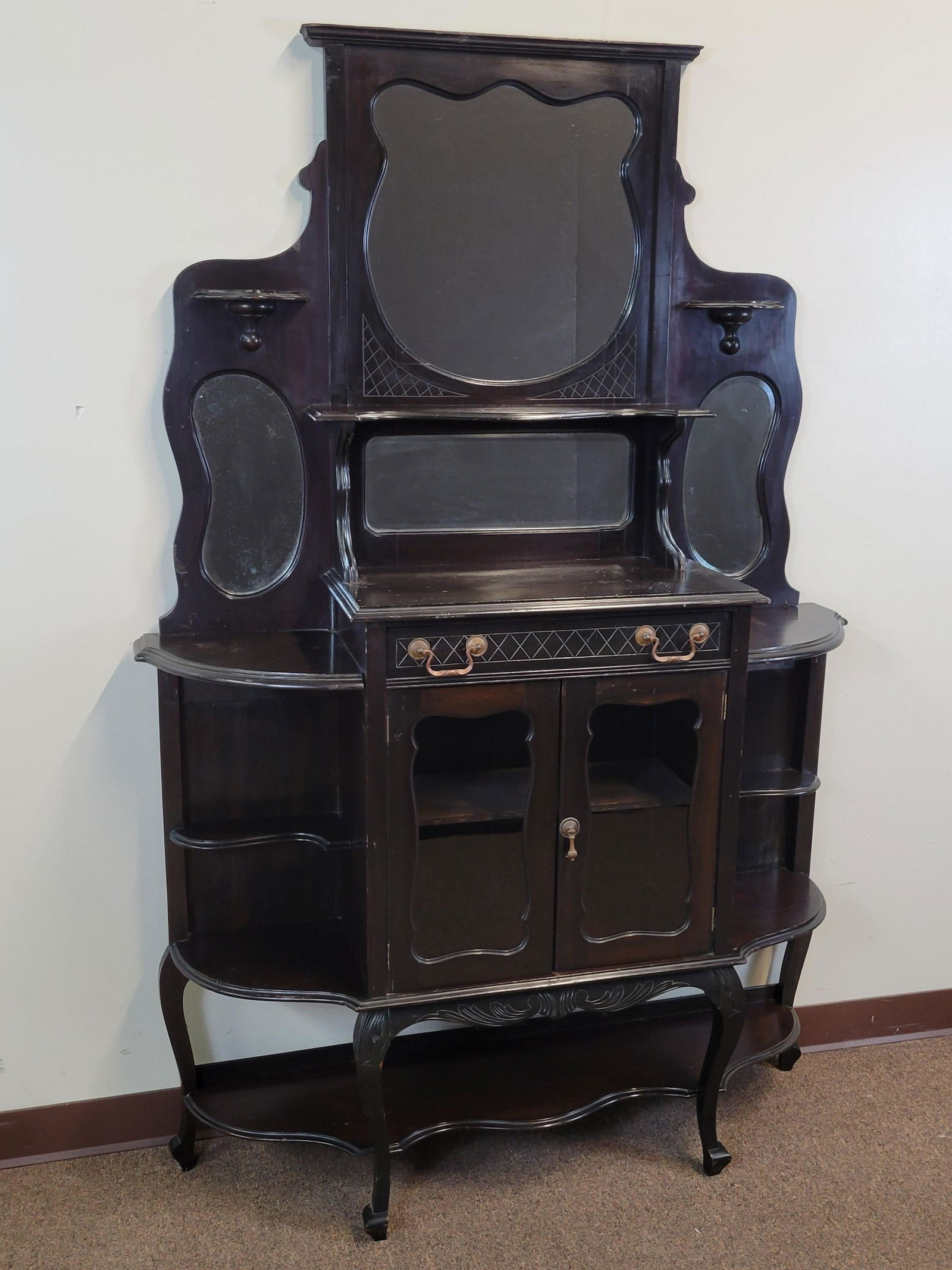 Antique Mirrored Etagere: 49" wide X 14" deep X 72 1/2" high. Has some finish loss. IMPORTANT: Before bidding, please read the terms and conditions. When you registered for the auction you agreed to these terms and will be req