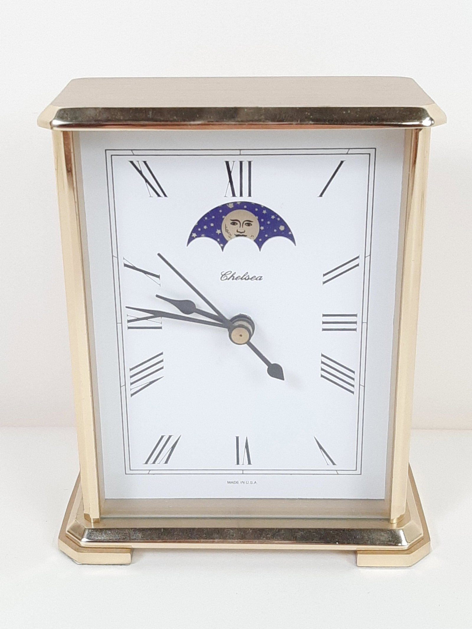 Chelsea Moon Phase Clock: Not working. Battery operated. 4-1/2" wide X 2-1/4" deep X 5-3/4" high. IMPORTANT: Before bidding, please read the terms and conditions. When you registered for the auction you agreed to these terms a