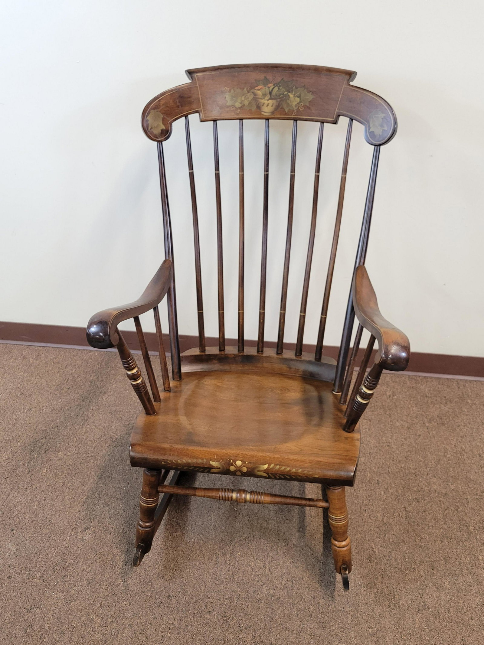 Stenciled Rocking Chair: 26" wide X 28 1/2" deep X 41" high. IMPORTANT: Before bidding, please read the terms and conditions. When you registered for the auction you agreed to these terms and will be required to comply with t