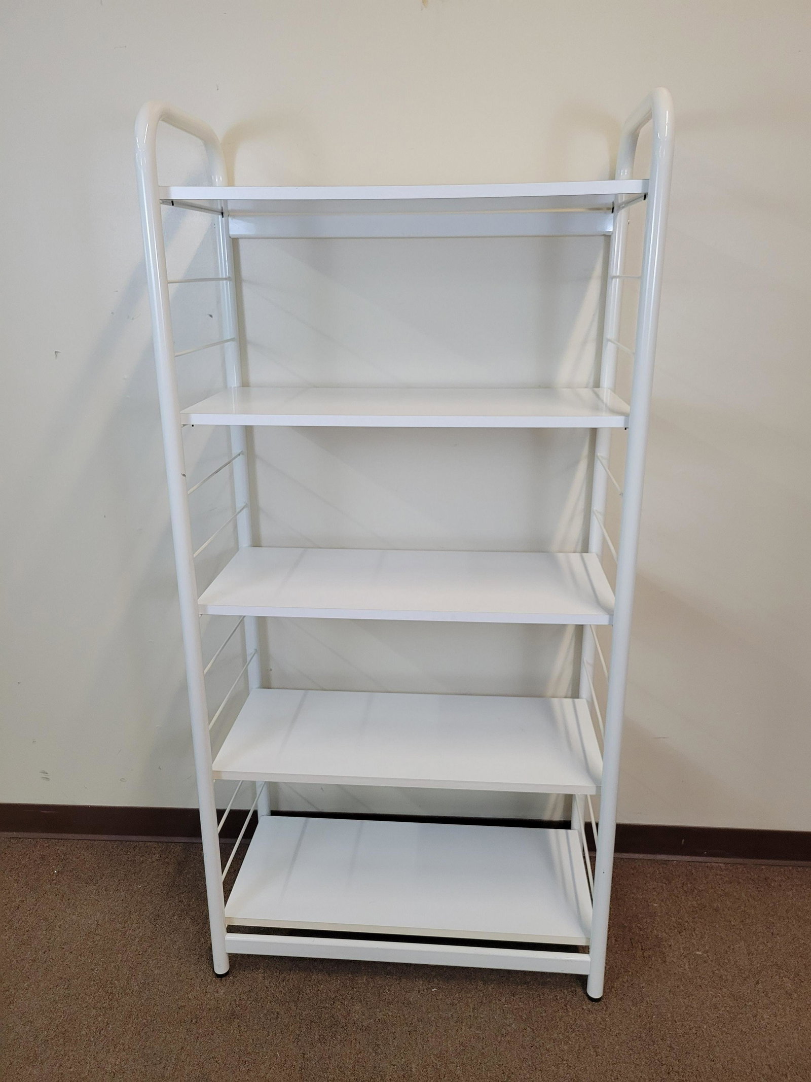 White Metal Shelf: 32" wide X 16" deep X 67" high. IMPORTANT: Before bidding, please read the terms and conditions. When you registered for the auction you agreed to these terms and will be required to comply with them.