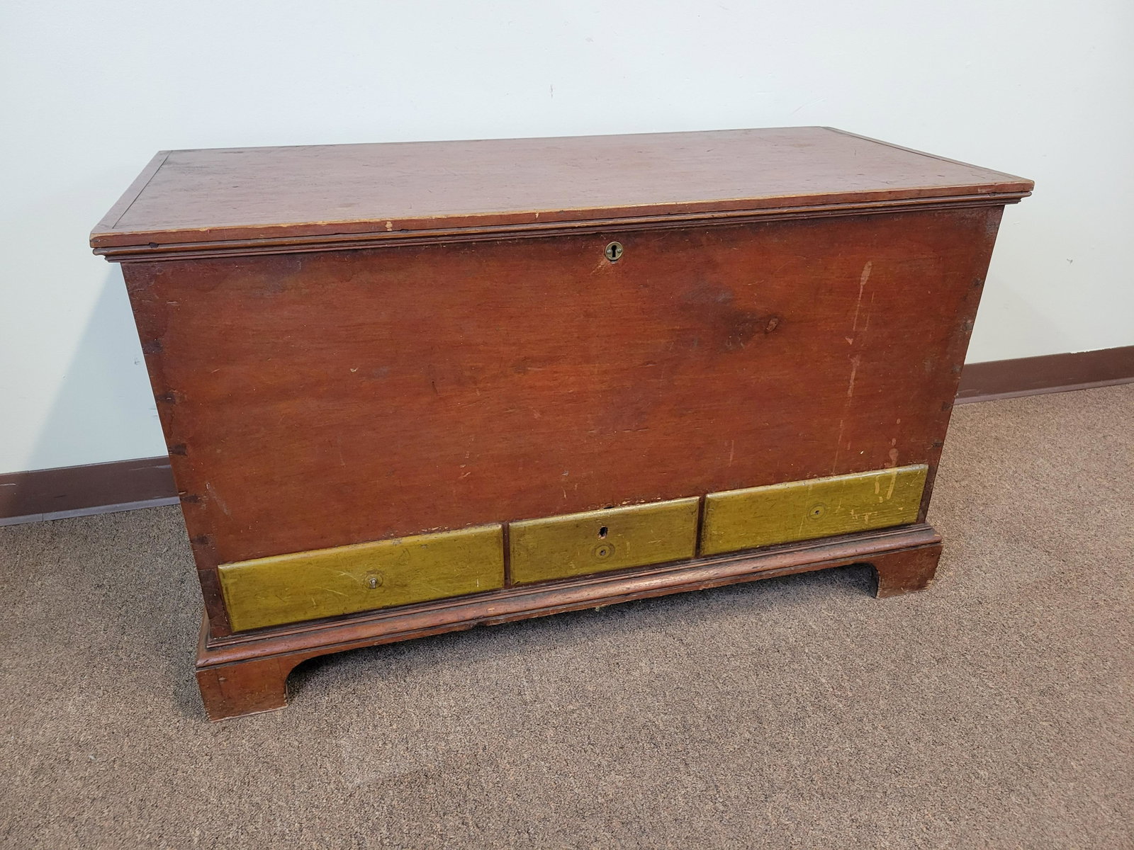 Painted Blanket Chest: 44" wide X 20" deep X 26 1/4" high. Missing drawer pulls. IMPORTANT: Before bidding, please read the terms and conditions. When you registered for the auction you agreed to these terms and will be req