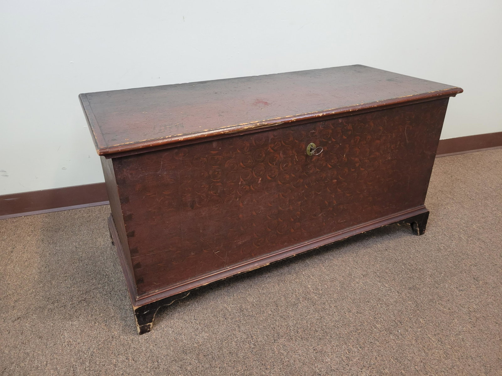 Painted Blanket Chest: 42" wide X 18 1/2" deep X 21 1/2" high. IMPORTANT: Before bidding, please read the terms and conditions. When you registered for the auction you agreed to these terms and will be required to comply wi