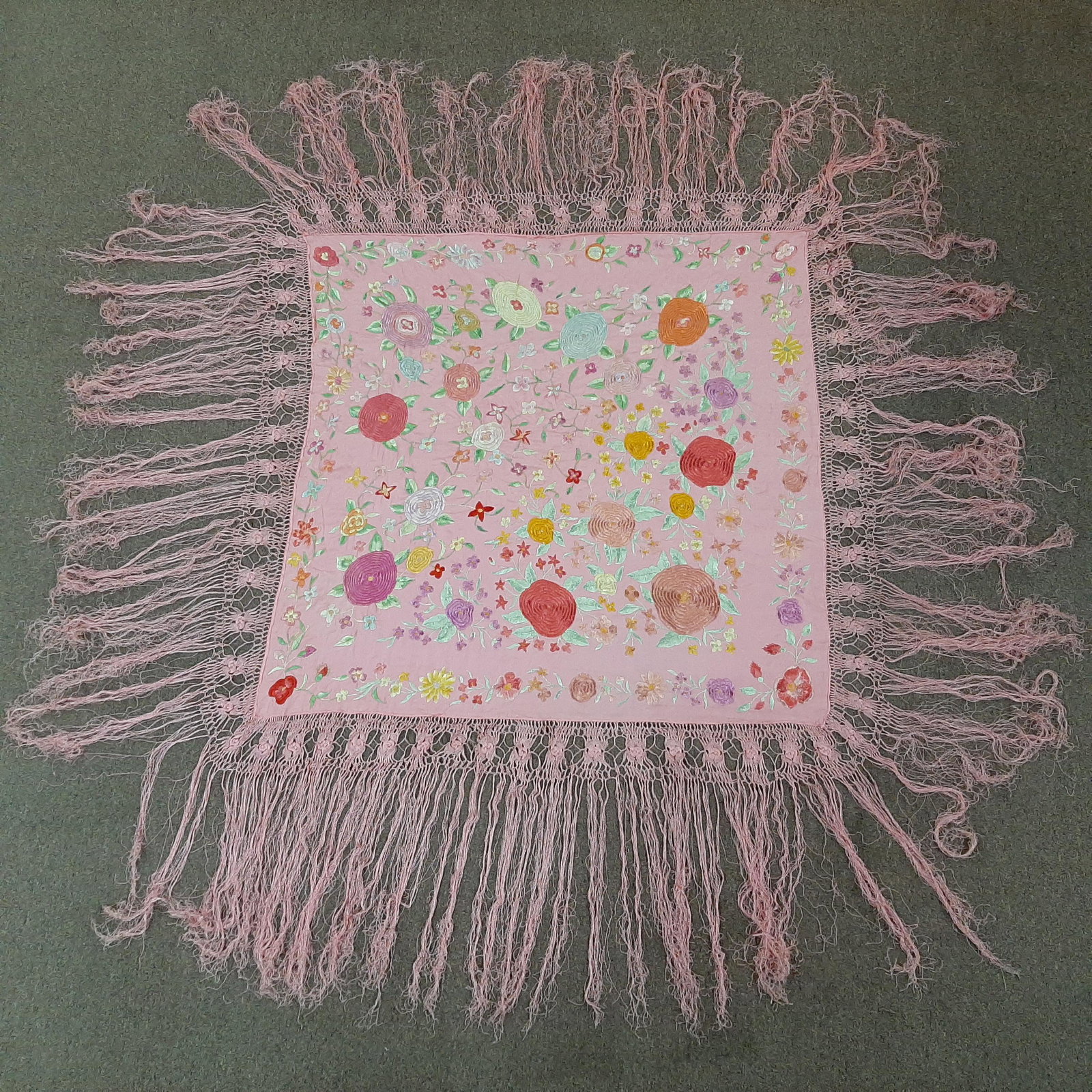 Floral Piano Scarf: 44" square. Approx. 80" square including fringe. IMPORTANT: Before bidding, please read the terms and conditions. When you registered for the auction you agreed to these terms and will be required to 