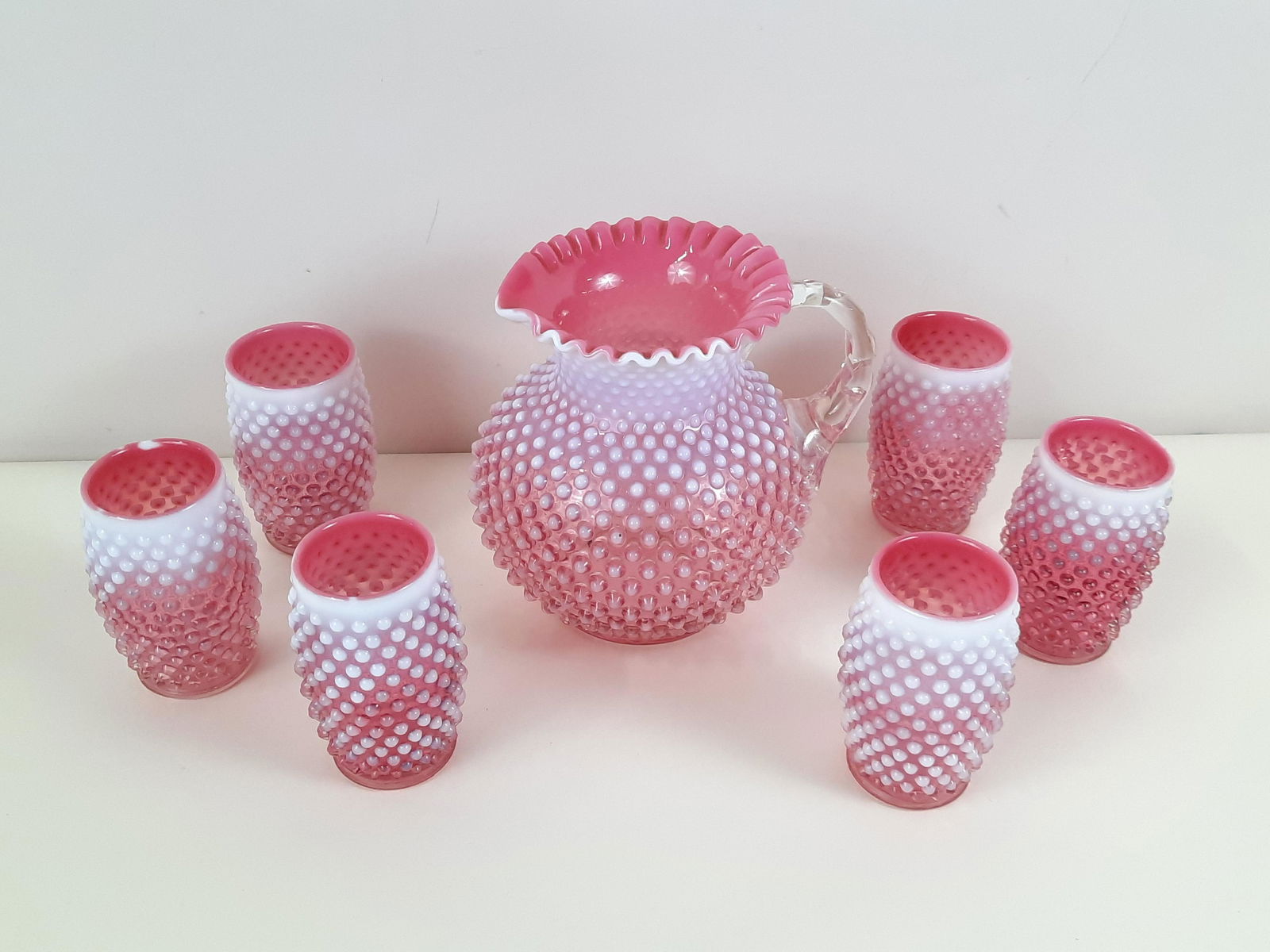 Vintage 7 Pc Opalescent Hobnail Drink Set (1 of 2)