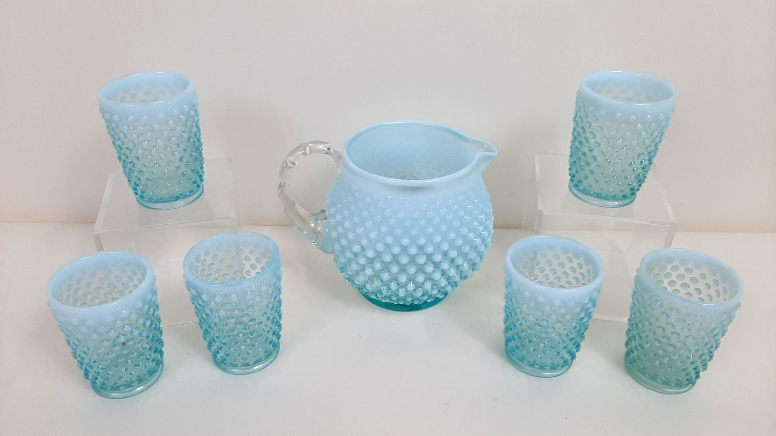 7 Pc Vintage Opalescent Blue Hobnail Drink Set (1 of 2)