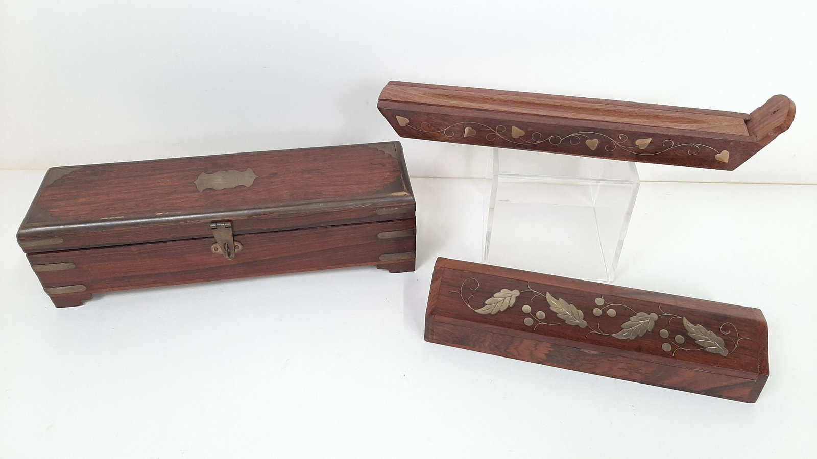 2 Pencil Boxes and Incense Burner with Brass Inlay: Includes 8-1/2" to 11" wide. Includes handmade Archana Handicrafts. IMPORTANT: Before bidding, please read the terms and conditions. When you registered for the auction you agreed to these terms and w