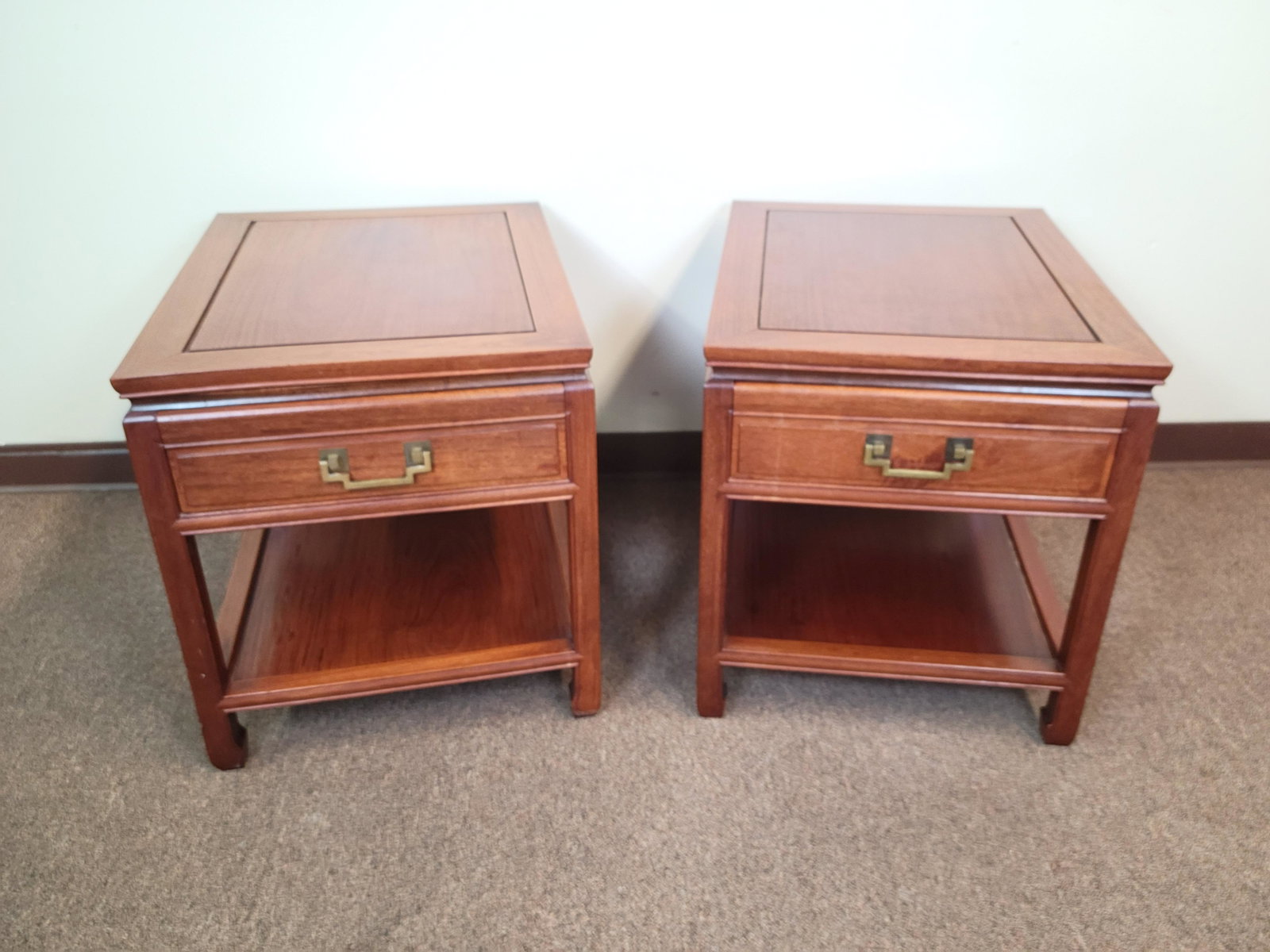 Pair Of End Tables: 20" wide X 25 3/4" deep X 22" high. IMPORTANT: Before bidding, please read the terms and conditions. When you registered for the auction you agreed to these terms and will be required to comply with t